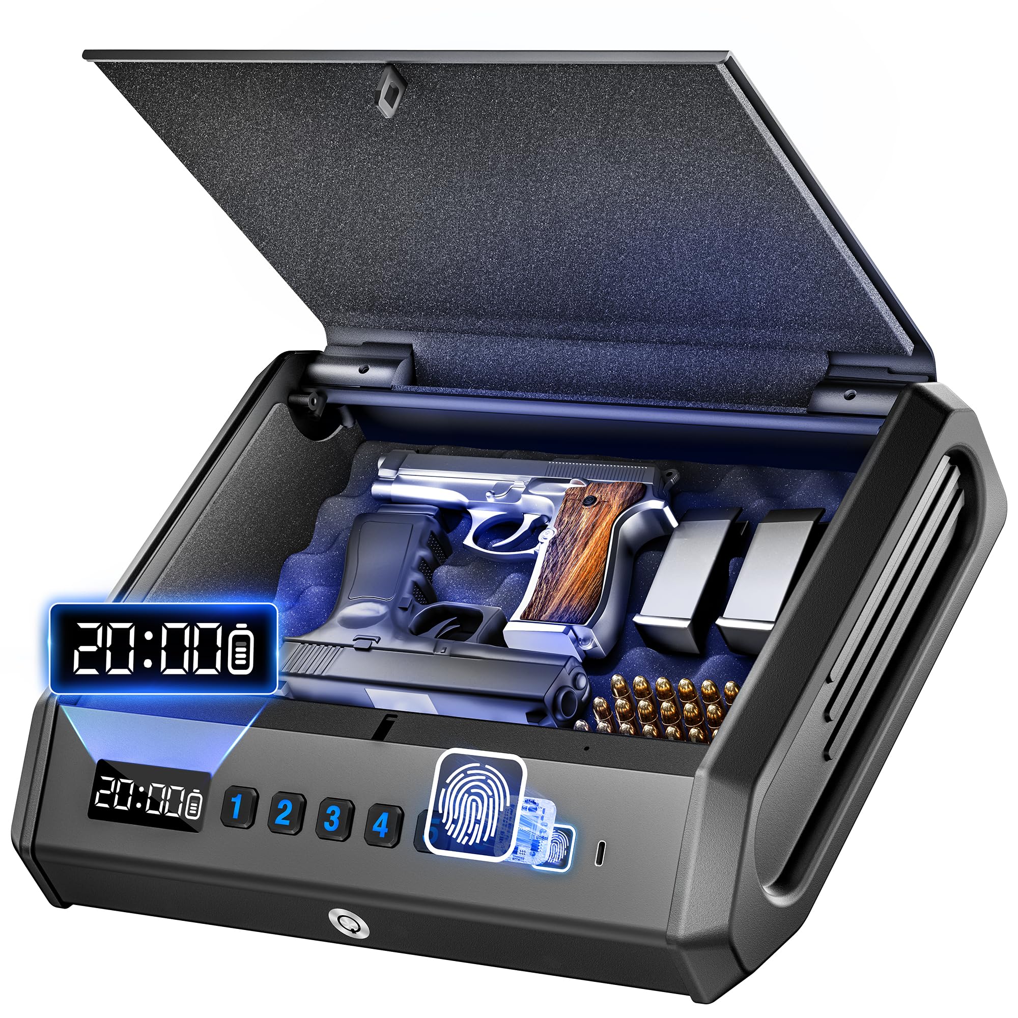Biometric Gun Safe for Handguns - Quick Access 3-Way Unlock (Fingerprint, Digital PIN, Key) with Battery Level Display - Secure Pistol Safe for Home, Nightstand & Car - Perfect for Home Defense & Vehicle Storage