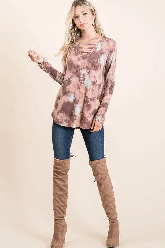 BiBi Tie Dye French Terry V-Neck T-Shirt for Women | Soft Casual Top | Perfect for Summer Outfits, Beach Wear & Lounge