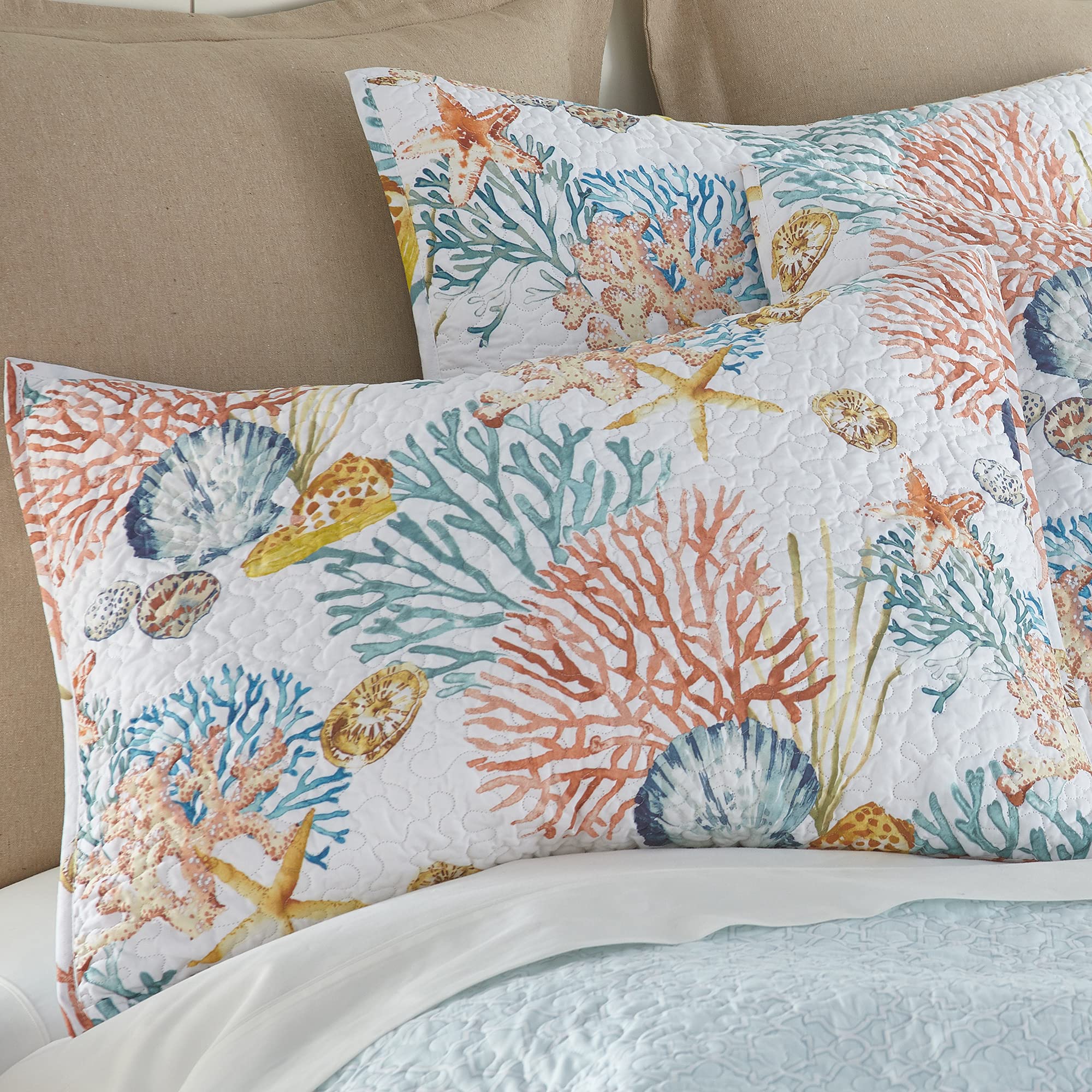 Levtex Home Bay Islands Reversible Quilt Set - King/Cal King Size (106x92in) with 2 Pillow Shams (36x20in) - Coral, Teal, Gold & Taupe Cotton Bedding - Perfect for Coastal, Boho or Master Bedroom Decor