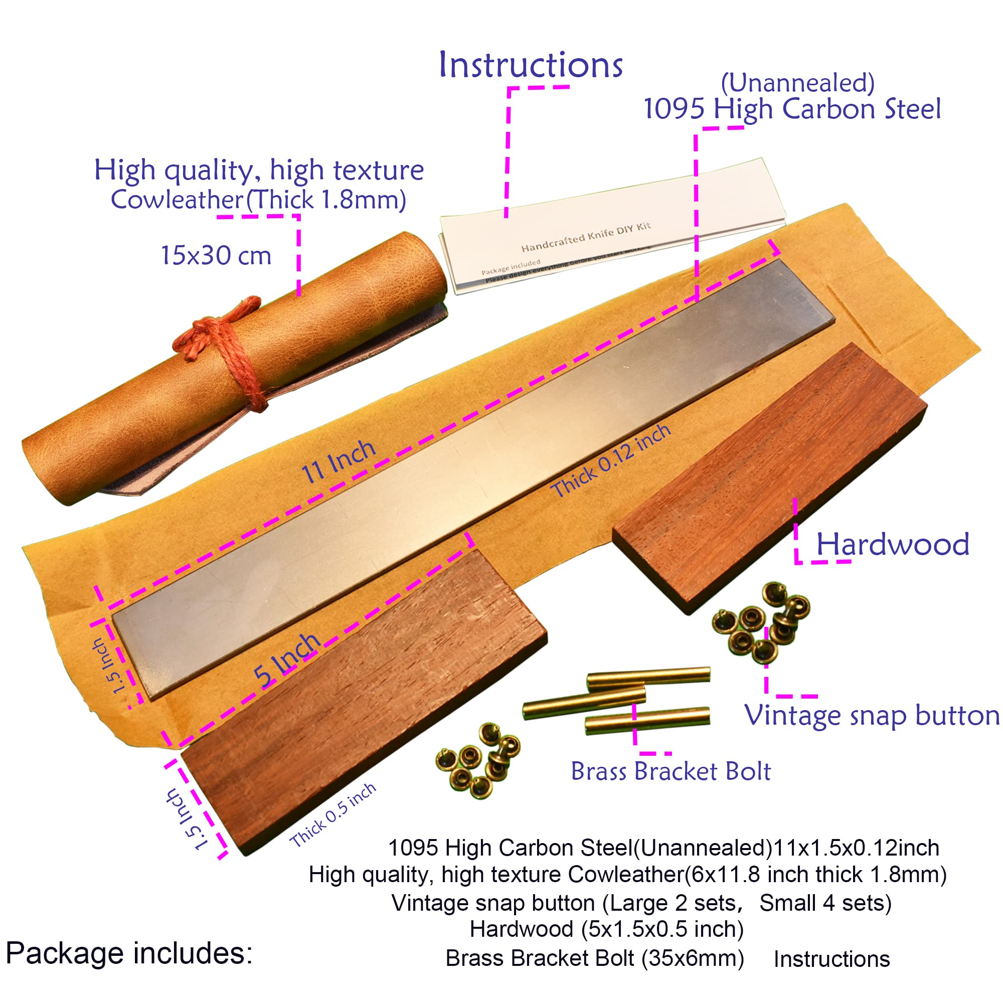 DIY Knife Making Kit - 1095 High Carbon Steel Blade, Pins & Handle Scales - Perfect for Woodworking, Hunting & Outdoor Survival