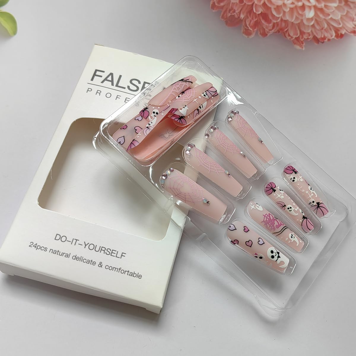 Halloween Press on Nails - 24PCS Long Square Fake Nails with Pumpkin, Coffin, Heart & Spider Web Designs | Glue on Nails with Rhinestones for Women | Perfect for Halloween Parties, Costume Events & DIY Nail Art