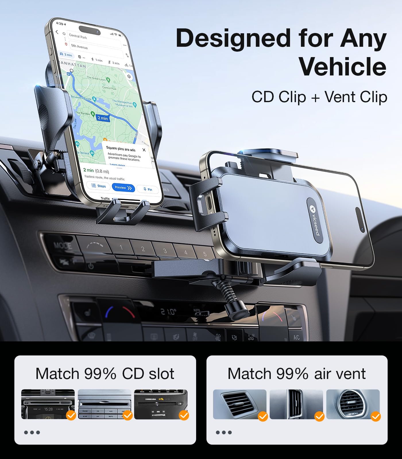 VICSEED Military-Grade Car Phone Holder - Heavy Duty Anti-Shake CD Slot & Air Vent Mount Compatible with iPhone 16/15/14, Samsung & All Smartphones (Thick Case Friendly) - Perfect for Road Trips & Daily Commutes