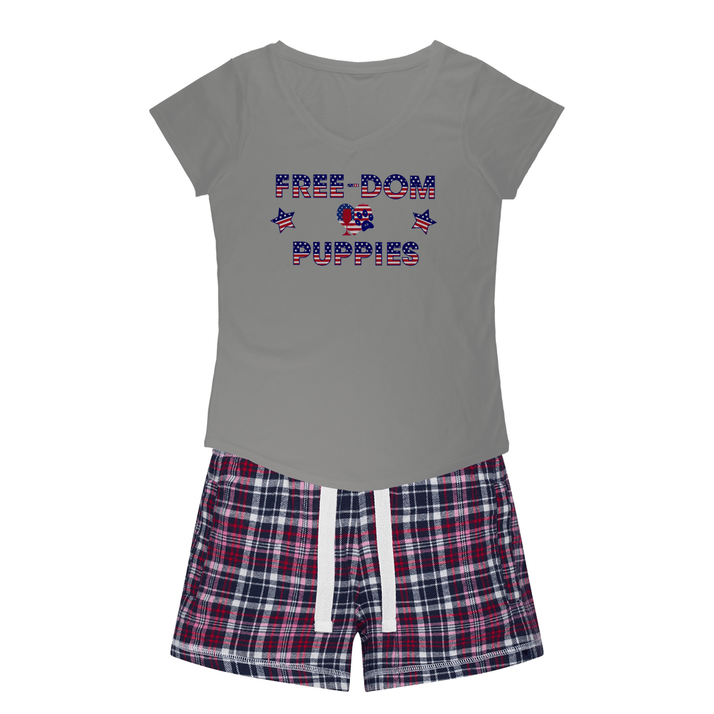 WineyBitches.Co Freedom Puppies Girls Sleepy Tee and Flannel Shorts - Cute Pajama Set for Girls, Comfortable Sleepwear for Kids, Cozy Loungewear for Sleepovers & Playdates