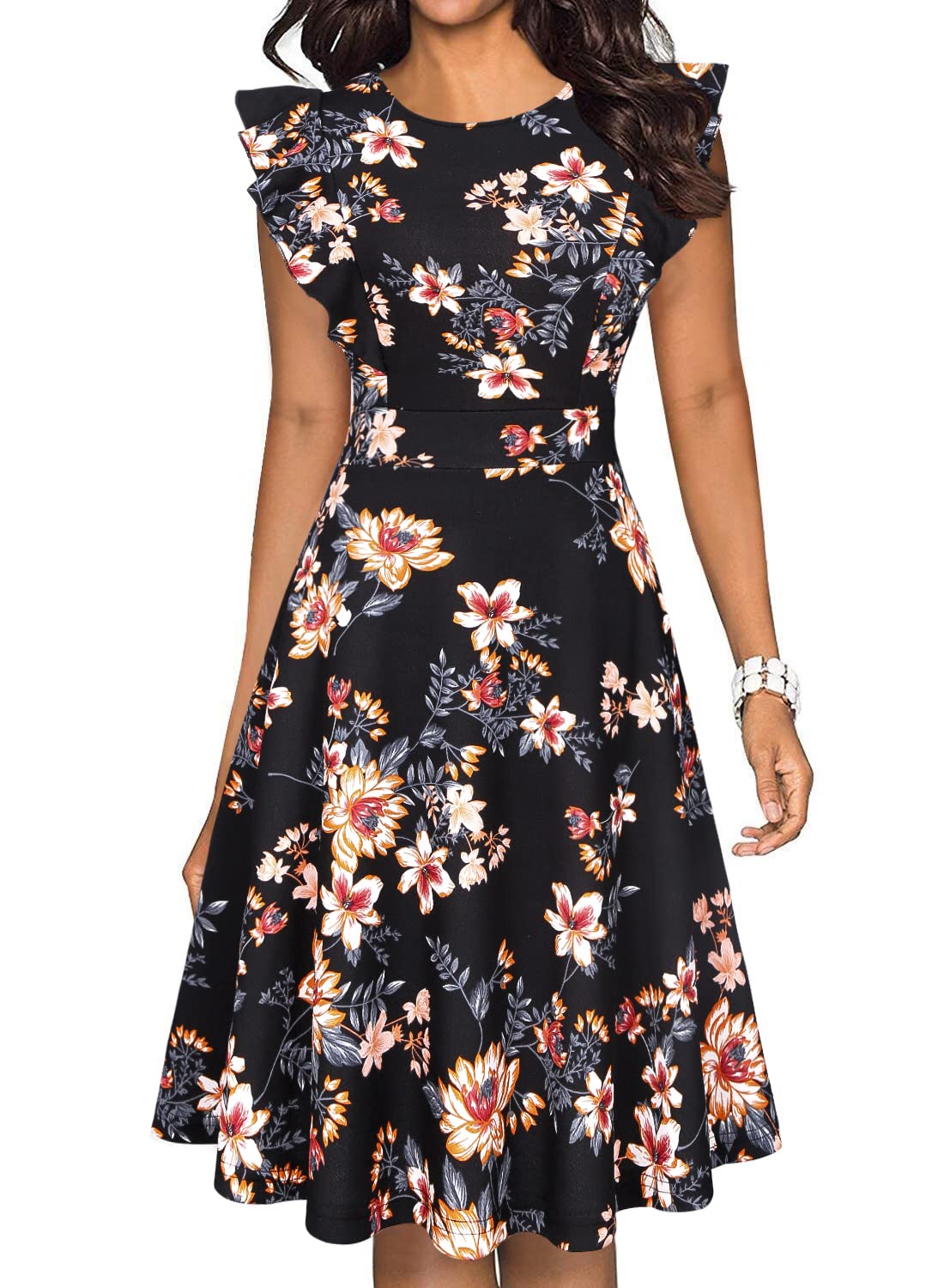 Vintage Floral Ruffle Flared A-Line Swing Dress for Women - Elegant Cocktail Party Dress with Pockets | Perfect for Weddings, Date Nights & Special Occasions