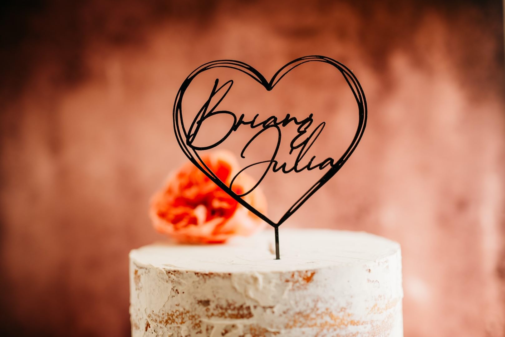 Custom Cursive Heart Wedding Cake Topper - Personalized Acrylic & Wood Cake Decor with Modern Handwriting - Elegant Rustic Birthday & Anniversary Cake Topper for Weddings, Anniversaries & Special Celebrations