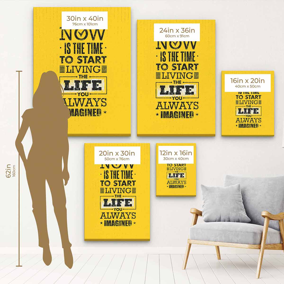 Yellow Motivational Wall Art Canvas - 'Now Is The Time To Start Living The Life You Always Imagined' - Inspirational Home Decor for Living Room, Bedroom & Office