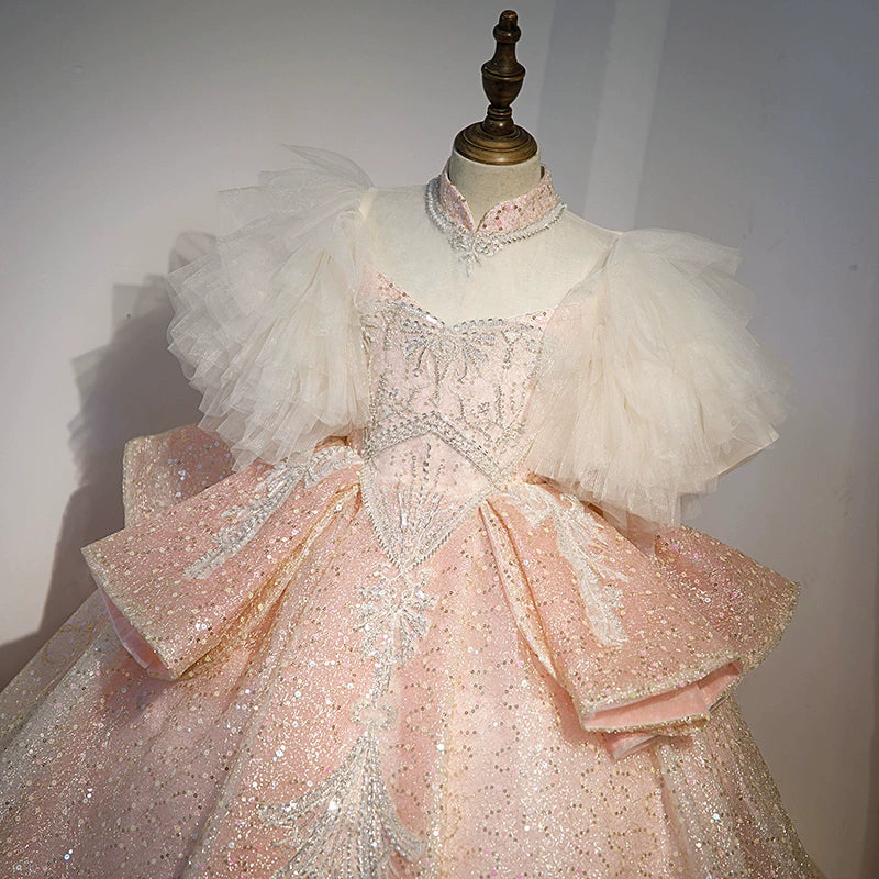 Pink Princess Sweetheart Floor-Length Sequined Flower Girl Dress for Weddings, Pageants & Special Occasions