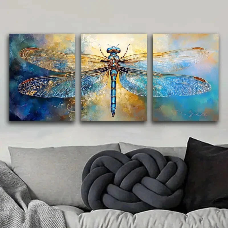 3-Piece Blue Dragonfly Metal Wall Art Prints - Ready to Hang Home Decor for Living Room, Bedroom & Office