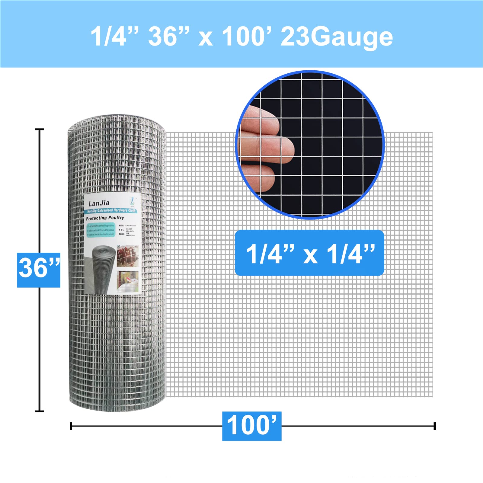 1/4 Inch 23 Gauge Hot Dip Galvanized Welded Wire Mesh Roll - 36