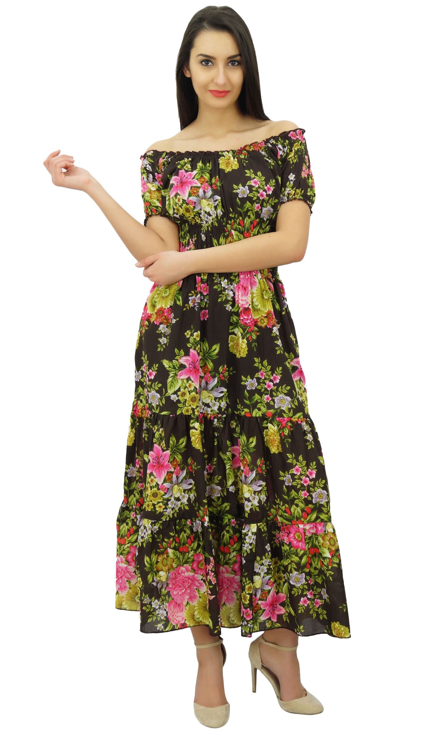 Bimba Women's Printed Off-Shoulder Party Dress with Smocked Waist & Flared Maxi Skirt - Perfect for Evening Events, Weddings & Summer Vacations