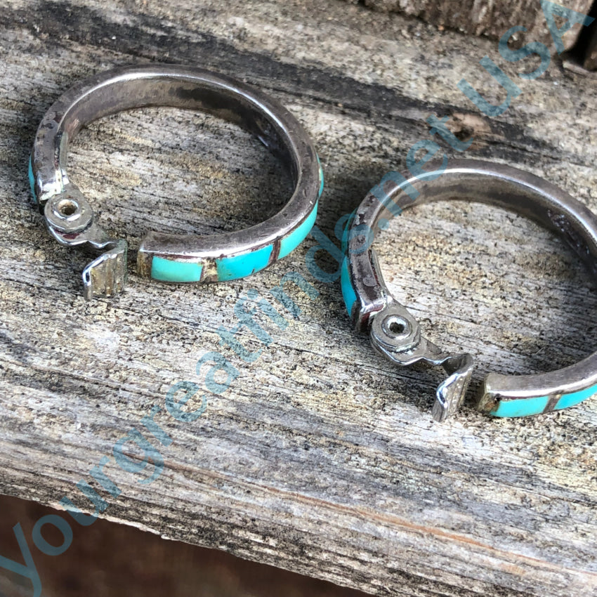 Vintage Hopi Sterling Silver & Turquoise Inlay Clip-On Hoop Earrings – Handmade Native American Jewelry for Women – Perfect for Casual Wear, Festivals, and Special Occasions