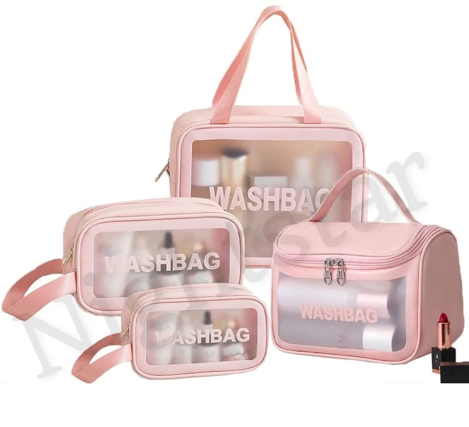 Nightstar 4-Pack Clear PVC Zipper Cosmetic Travel Wash Bag - Waterproof Toiletry & Makeup Organizer Pouch for Women & Girls (Pink) - Perfect for Travel, Gym, Camping & Daily Use