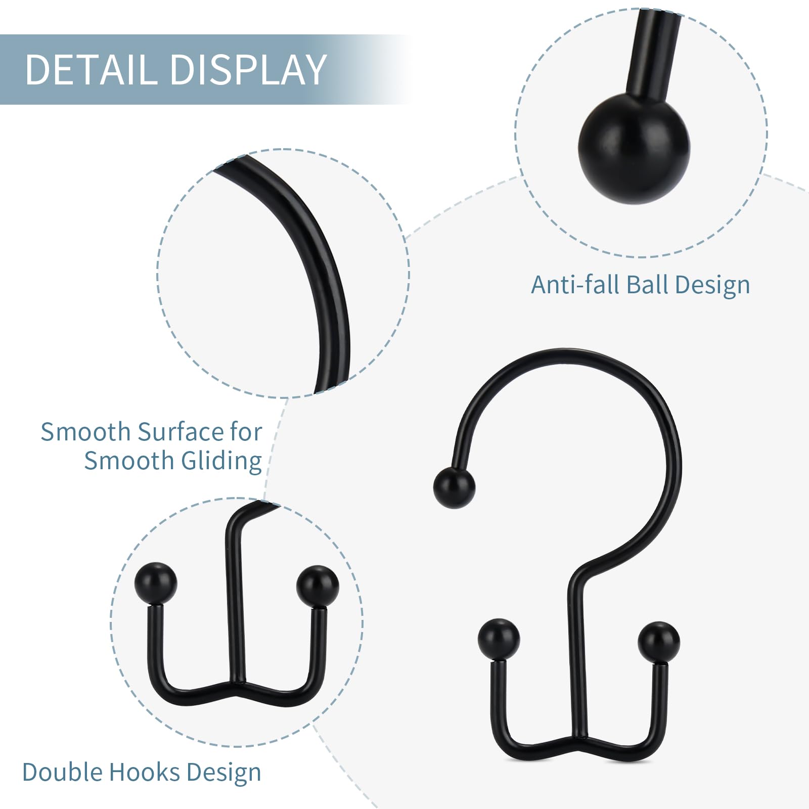 24 Pack Rust-Proof Black Shower Curtain Hooks - Durable Double Glide Rings for Shower Rods - Perfect for Bathroom, Hotel & RV Use