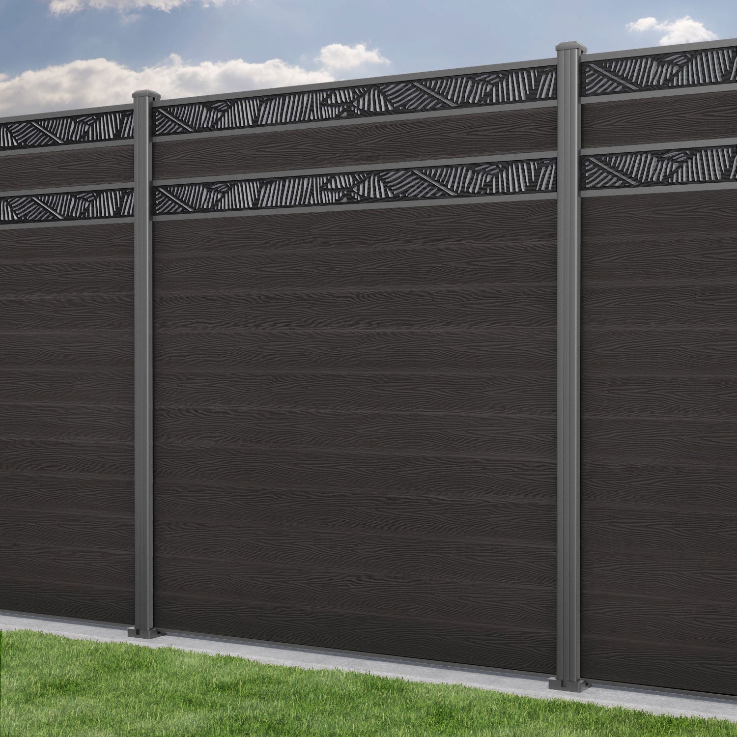 Classic Feather Split Screen Fence Panel - Dark Oak Wood Privacy Screen with Aluminum Posts for Patio, Garden, and Backyard Decoration
