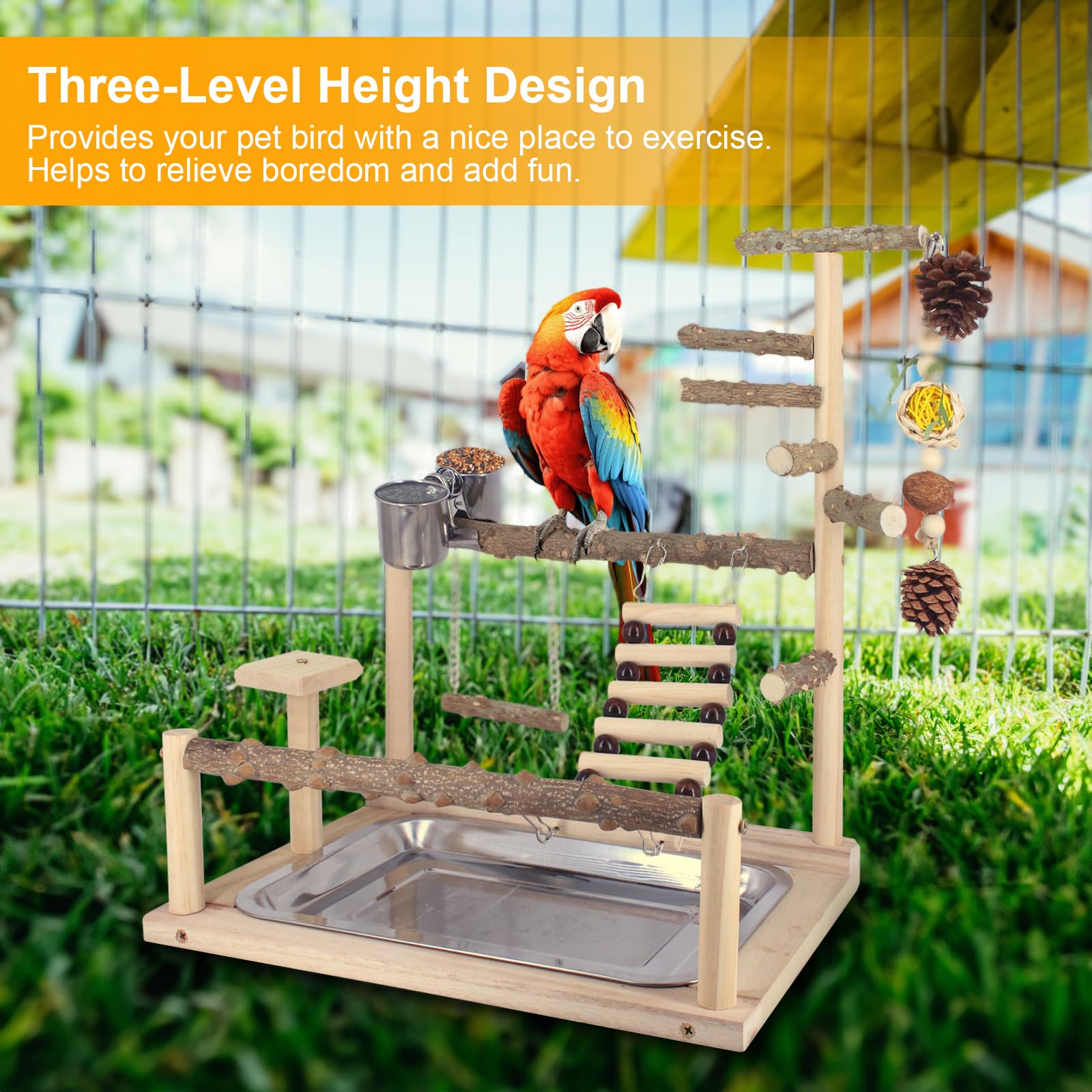 Natural Parrot Playground with Chew Toys, Perch Stand & Swing - Bird Cage Play Stand for Conure, Cockatiel, Parakeet | Includes Feeder Cups - Perfect for Bird Exercise & Entertainment at Home