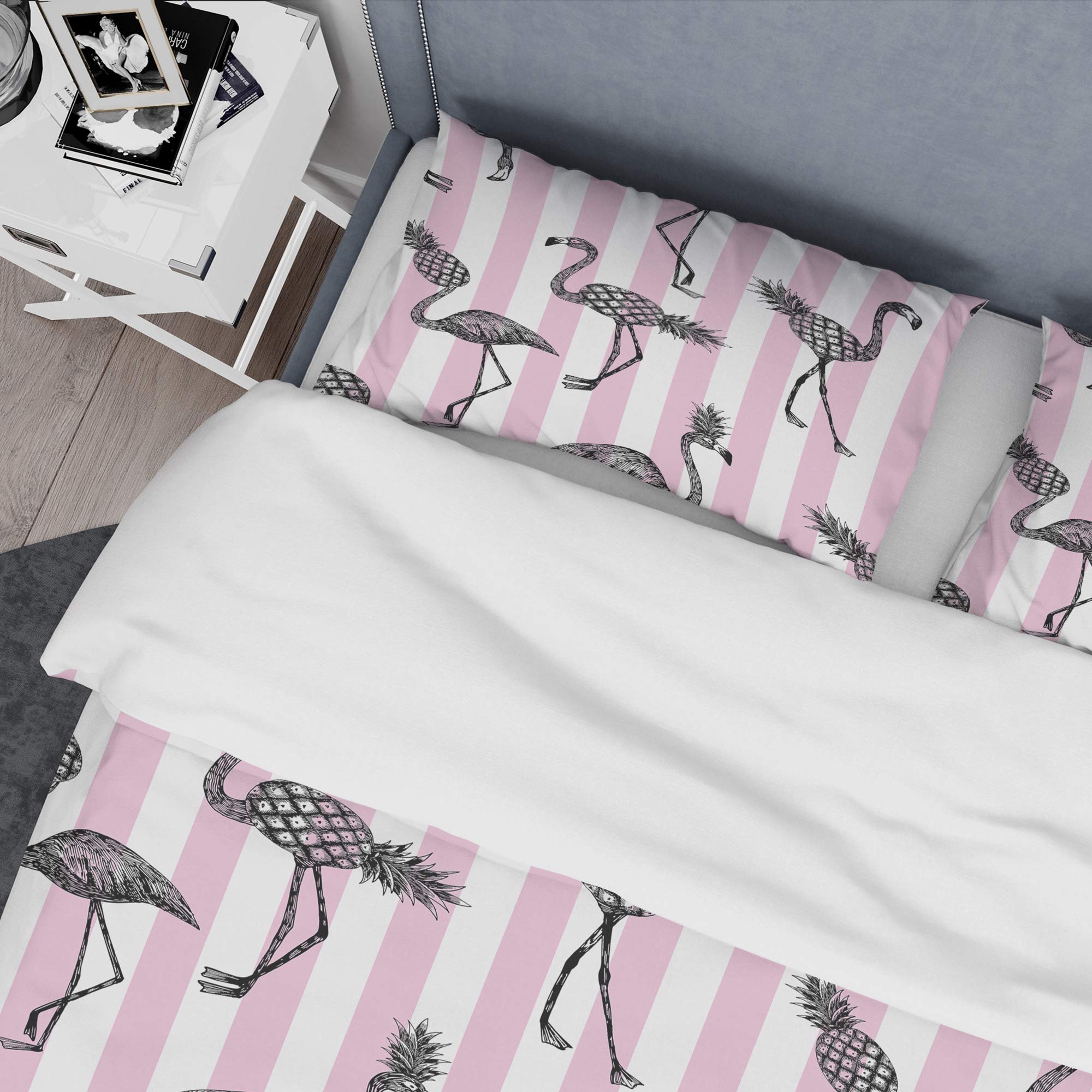 DesignQ Flamingo Pink Mid-Century Modern Duvet Cover Set - Twin Size 3-Piece All Season Bedding | Soft Pink Tropical Themed Duvet for Girls' Room, Guest Bedroom & Bohemian Decor