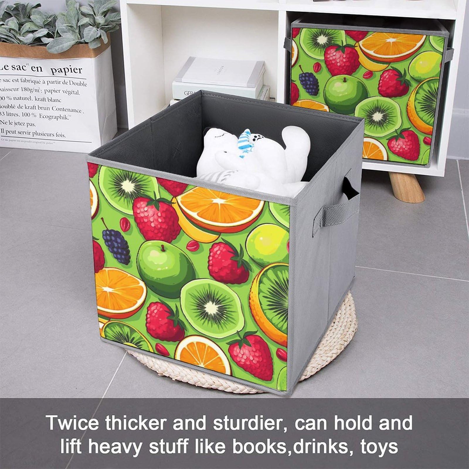 6-Piece Collapsible Storage Bins with Handles - Printed Fruit Design Foldable Organizing Baskets for Kitchen, Pantry, Shelves & Home Organization - Perfect for Storing Fruits, Vegetables, Toys & Household Items
