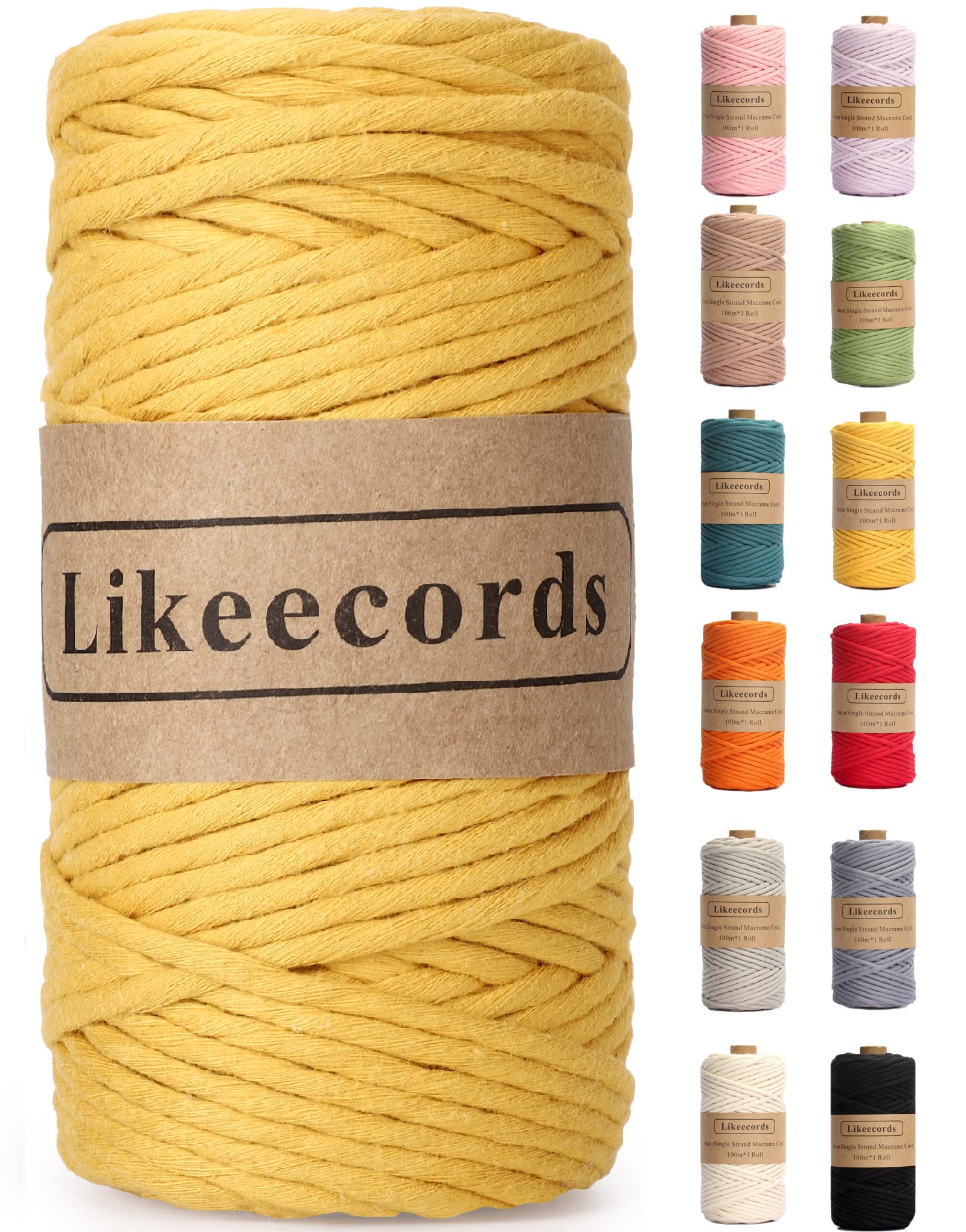 4mm Single Strand Macrame Cord 80m - Soft Cotton Rope for DIY Wall Hangings, Plant Hangers, Jewelry Making & Home Decor Crafts (Yellow) | Premium Macrame Yarn for Bohemian Style & Handmade Projects