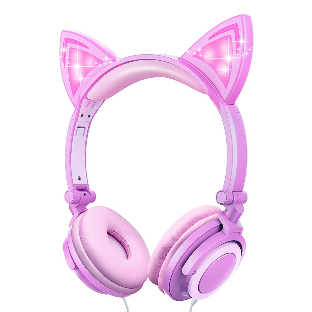 Esonstyle LED Glowing Cat Ear Headphones for Kids - Over-Ear Safe Wired Headset with 85dB Volume Limit, Food-Grade Silicone & 3.5mm Aux Jack - Cute Pink Cat-Inspired Headphones for Girls - Perfect for School, Travel & Home Use