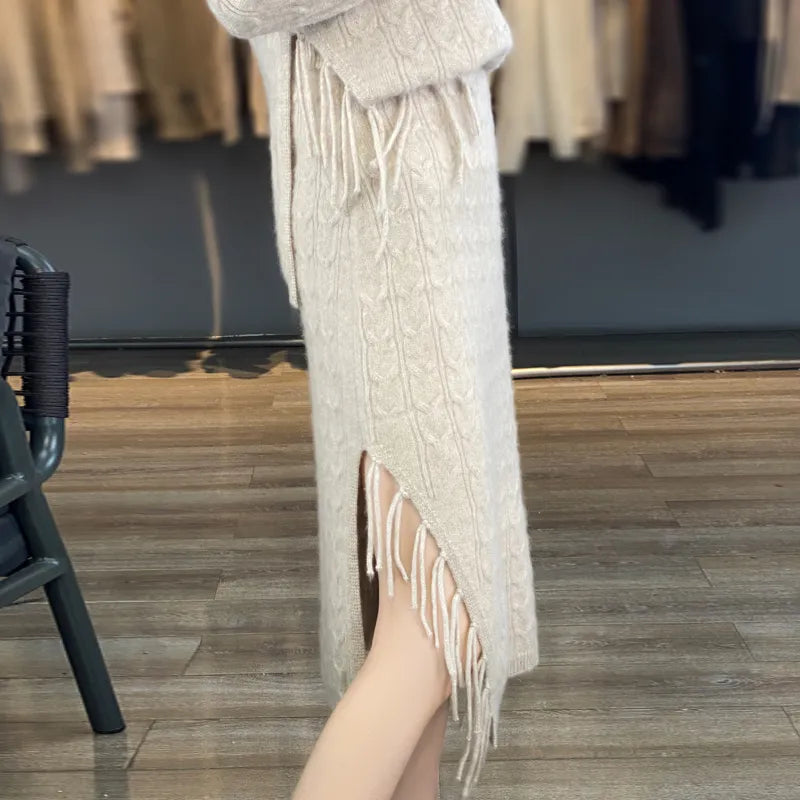 Women's Autumn Winter Pure Wool Sweater Set - Semi High Neck Cashmere Knit Top & Tassel Skirt 2-Piece Outfit | Warm Winter Fashion for Office, Dating & Holiday Parties