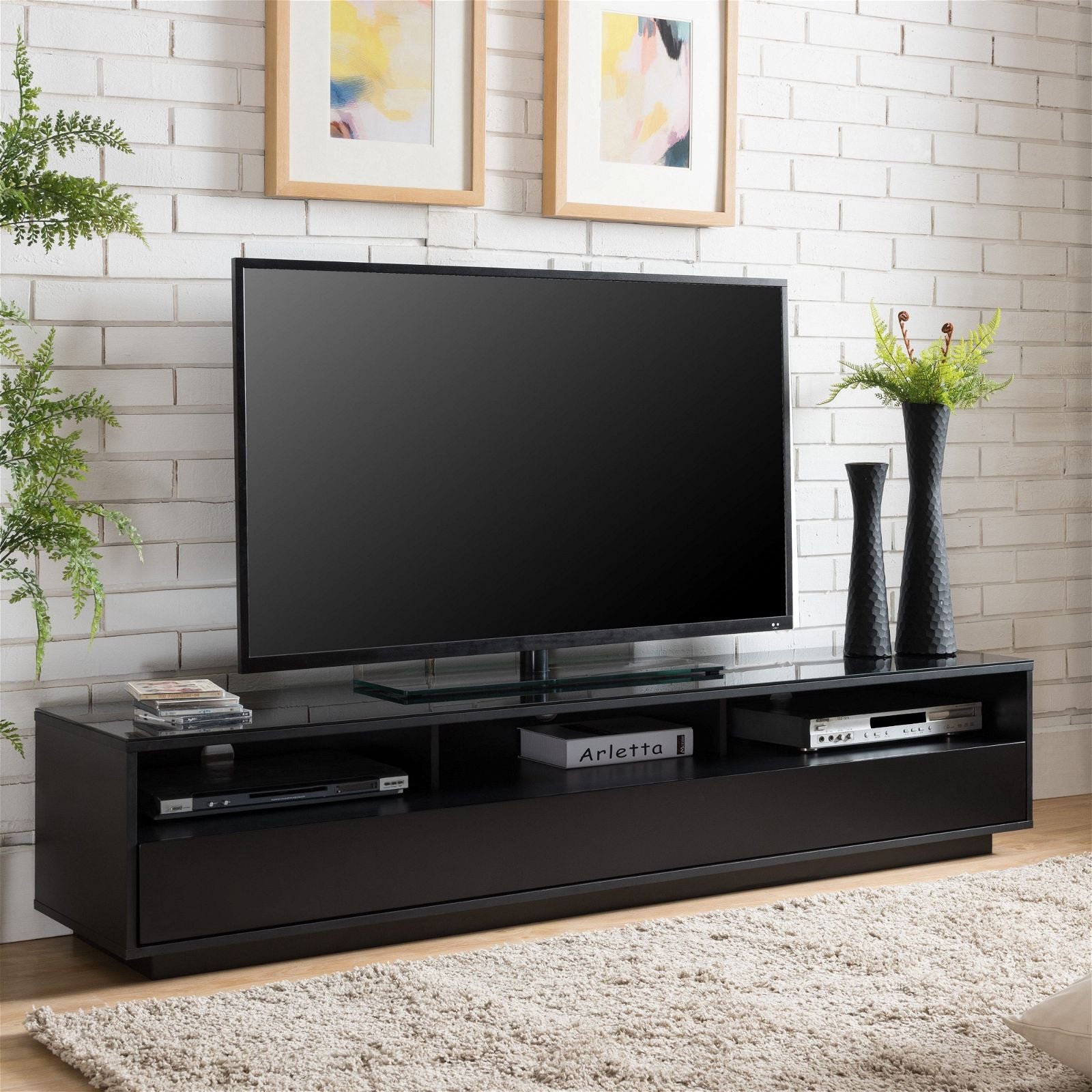 Tauris™ SUAVE1800 Black Entertainment Center - Modern TV Stand for Living Room, Home Theater & Gaming Setup