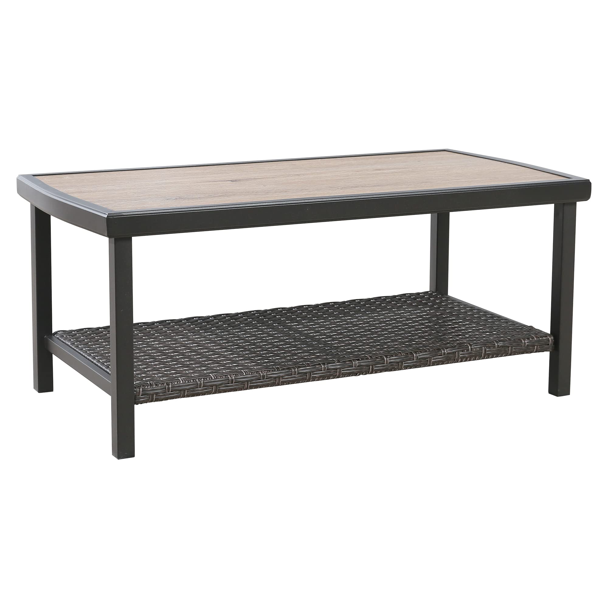 Black Steel Wicker Coffee Table for Patio - 37'' x 19'' Rectangular Outdoor Side Table with Storage Shelf | Perfect for Backyard, Garden, and Poolside Relaxation