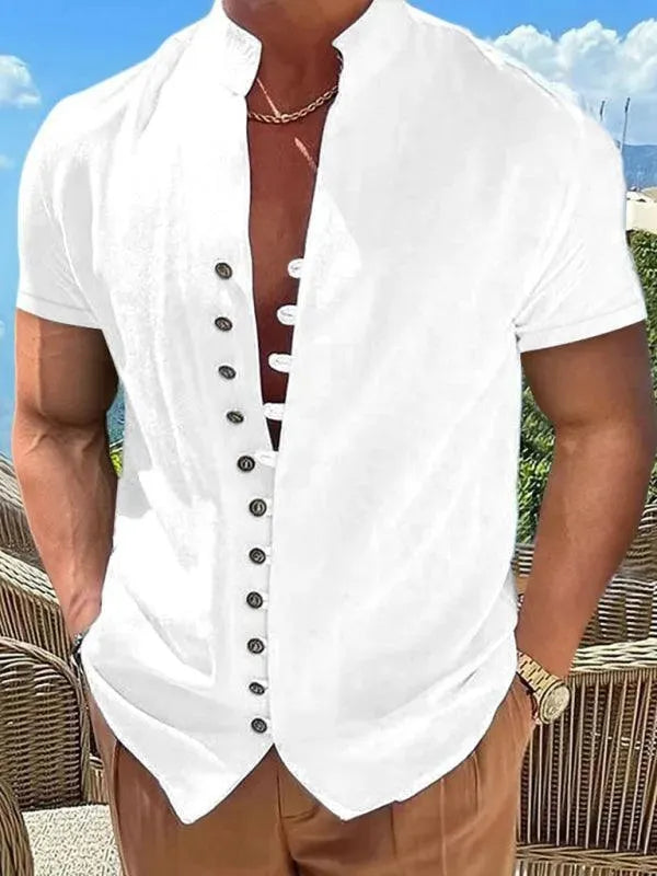 Men's Stand Collar Linen Casual Shirt - Breathable Summer Shirt for Business Casual & Outdoor Activities