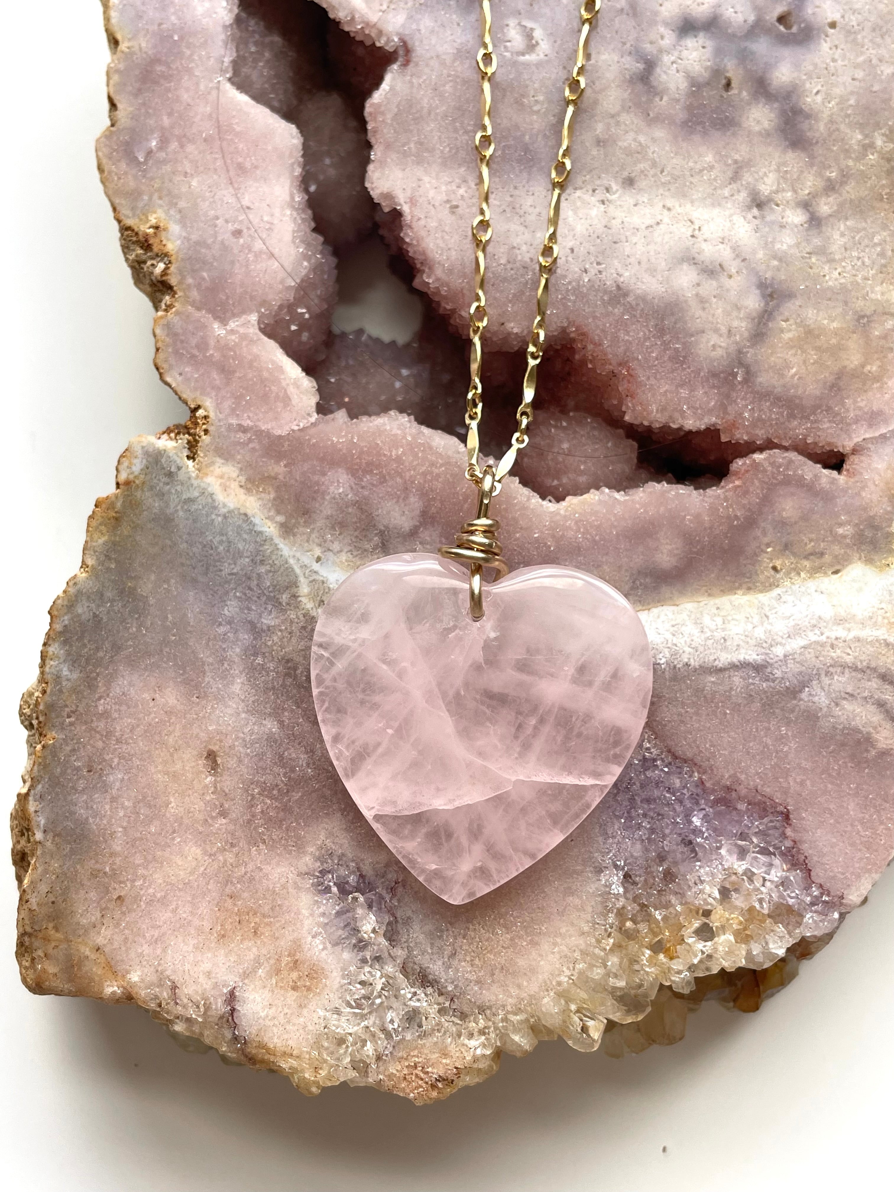 Large Rose Quartz Heart Necklace - 14K Gold Filled Pendant for Women | Spiritual Healing, Love & Positive Energy Jewelry Gift for Valentine's Day, Anniversary or Self-Care