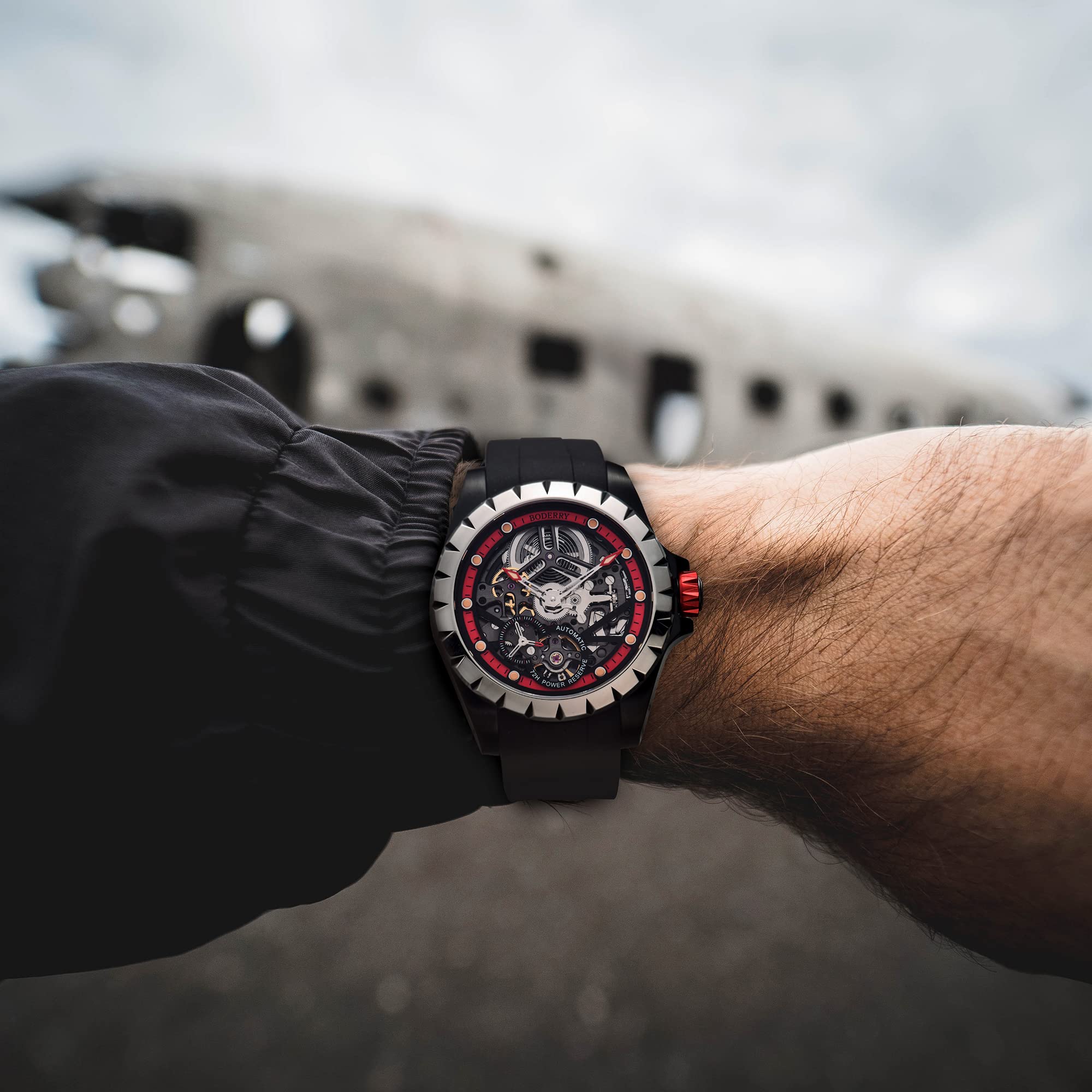 BODERRY Skeleton Men's Watch - Titanium Automatic Mechanical Watch with 72H Power Reserve, 5ATM Waterproof, Luminous Sapphire Crystal & Leather Strap - Steampunk Style Gift for Urban Professionals, Business Meetings, and Nightlife