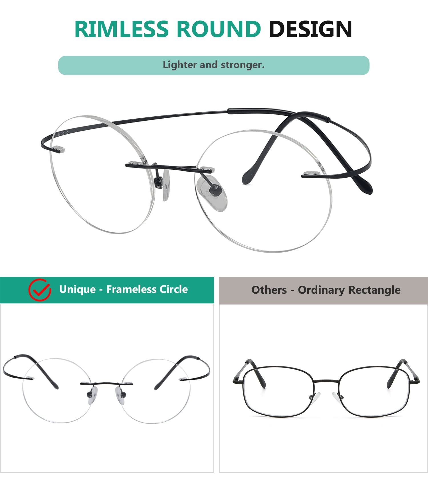 Titanium Rimless Round Reading Glasses for Men - Lightweight & Durable Eyewear - Perfect for Reading, Computer Use & Daily Wear