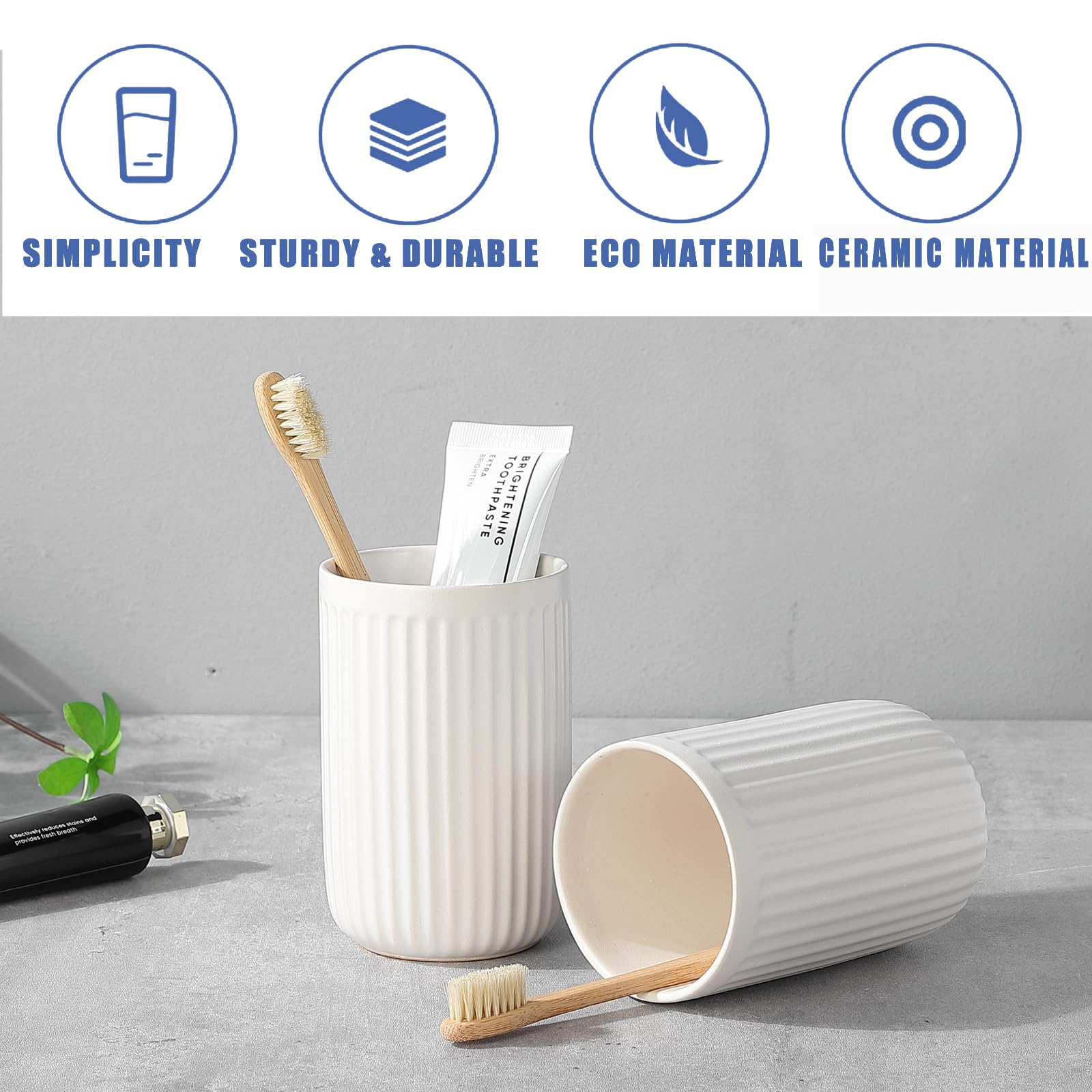 White Ceramic Toothbrush Holders Set of 2 - Bathroom Counter Organizer with Toothpaste & Mouthwash Cup | Durable Reusable Toothbrush Storage for Modern Bathrooms, Sink Vanity & Guest Bath Organization