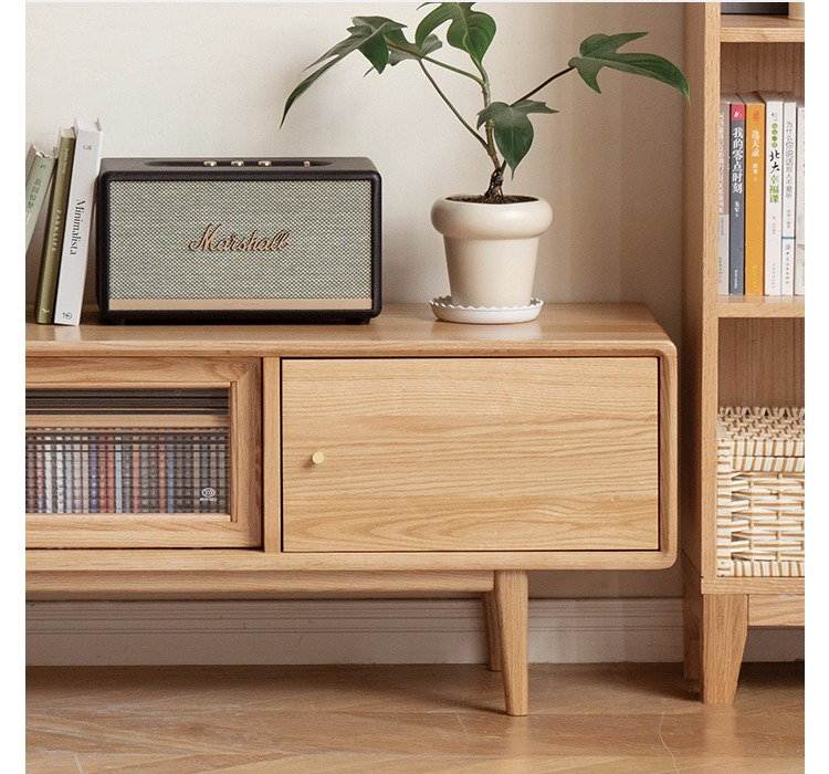 Solid Oak Wood TV Stand with Sliding Doors - Modern Entertainment Center for Living Room, Bedroom & Home Theater
