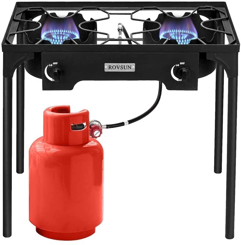 Bonnlo 2-Burner Outdoor Portable Propane Stove - Heavy Duty Cast Iron Gas Cooker with Detachable Legs for Camping, Backpacking & Patio BBQs (150,000 BTU) - Perfect for RV Trips, Tailgating & Outdoor Cooking Adventures