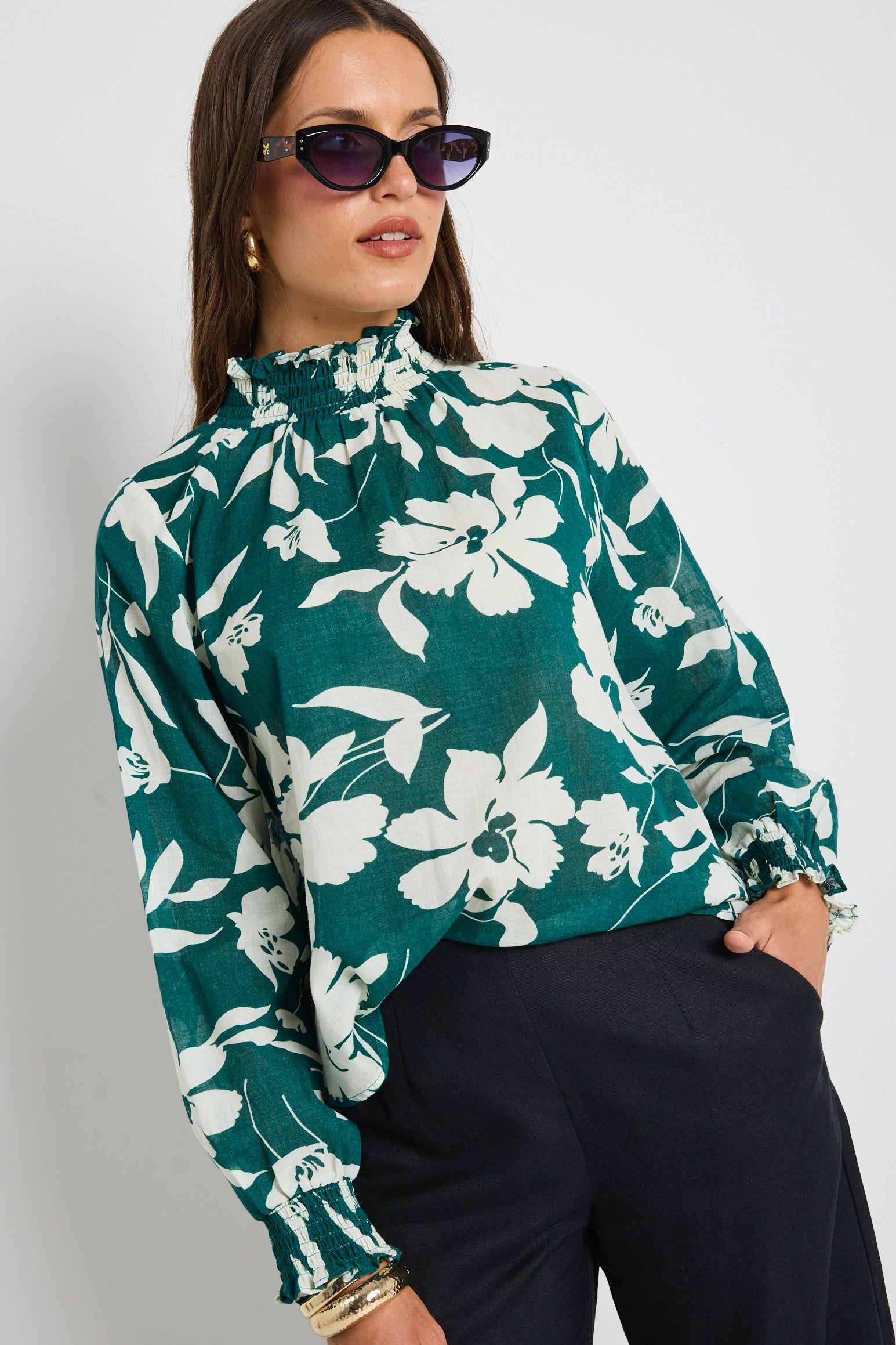 Affection Forest Floral Print Shirred High Neck Long Sleeve Blouse for Women | Elegant Spring Summer Tops | Perfect for Dating, Office & Casual Outings