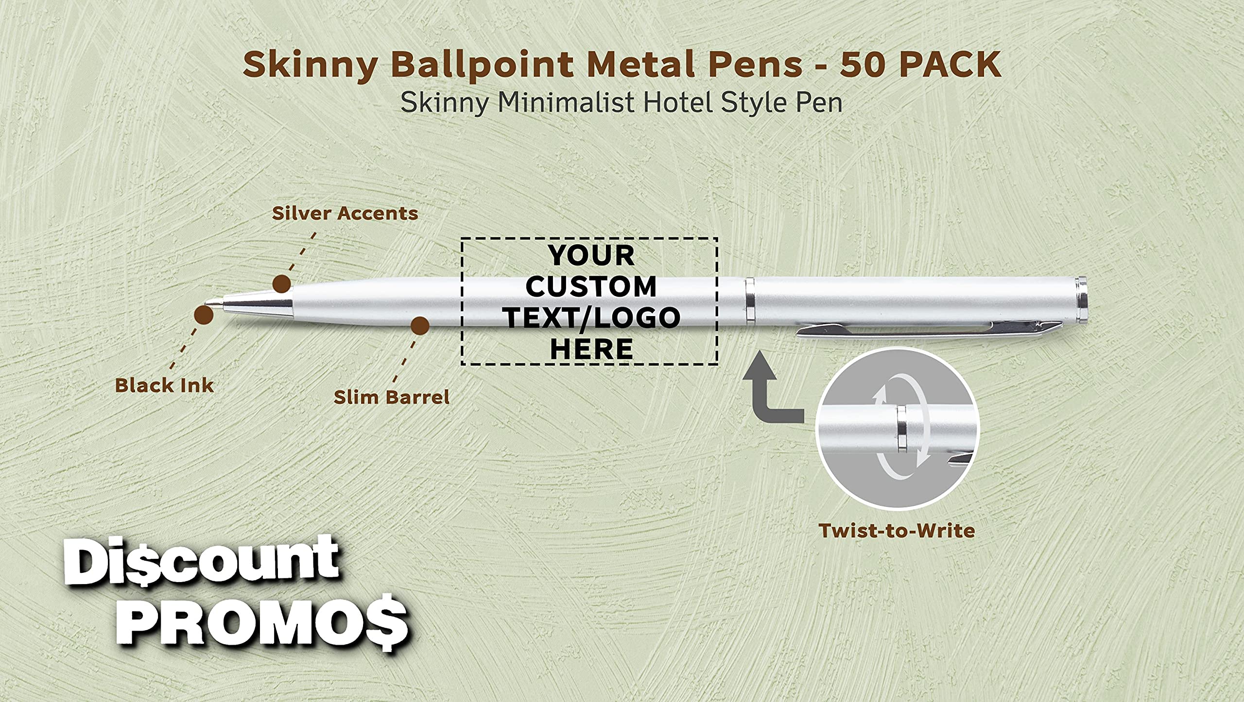 50 Pack Customizable Metal Skinny Ballpoint Pens - Engrave Your Text/Logo - Sleek Twist-Off Design with Black Ink (Silver) - Perfect for Corporate Gifts, Promotional Events & Office Supplies