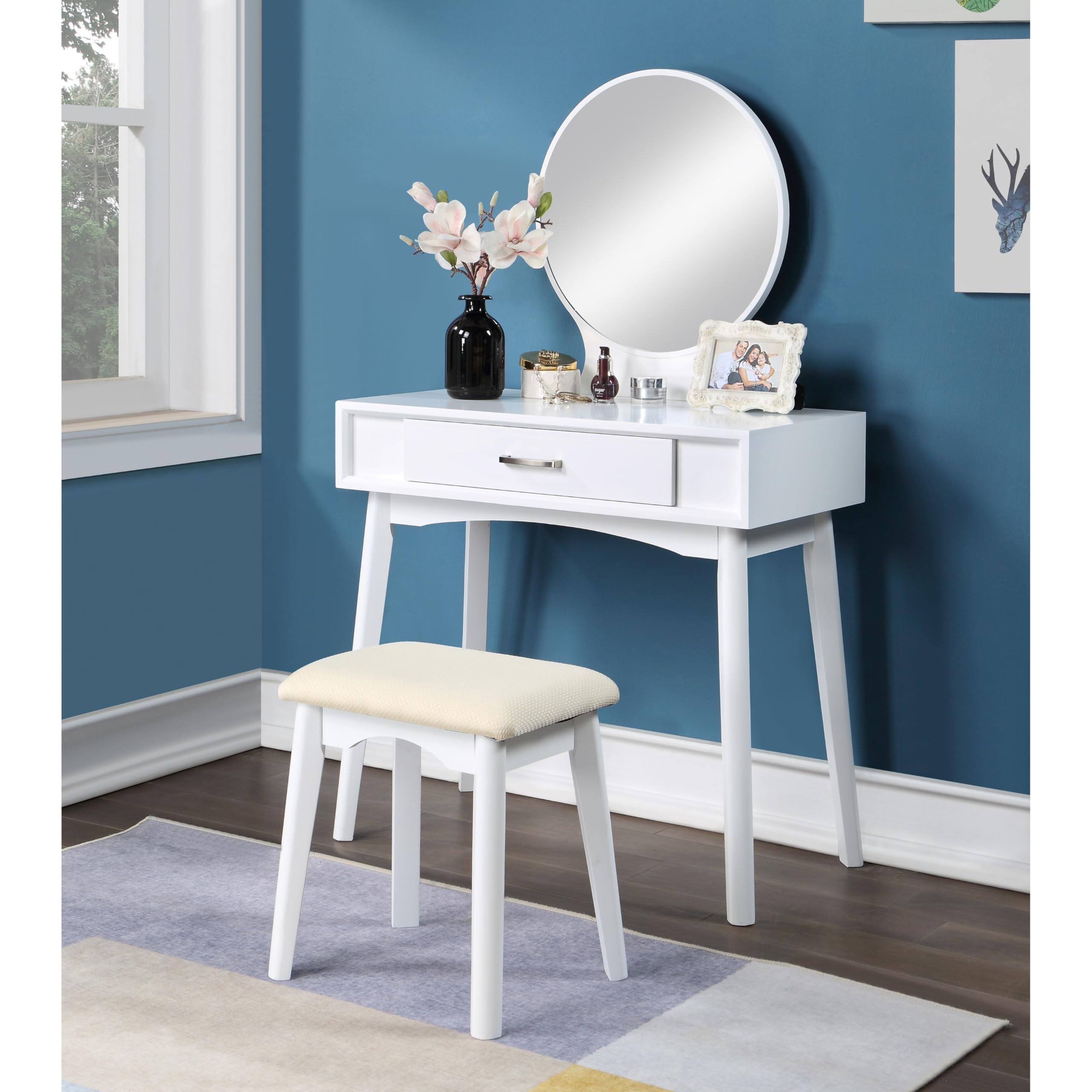 Roundhill Furniture Maly Contemporary Wood Vanity and Stool Set in Pink - Modern Dressing Table with Matching Stool for Bedroom Makeup & Beauty Routine
