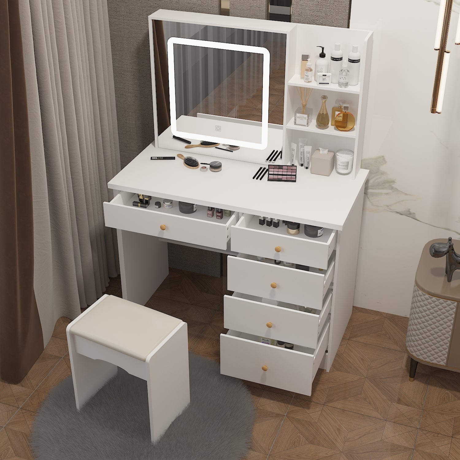 Professional Makeup Vanity Set with LED Sliding Mirror, Soft Cushioned Stool, 5 Storage Drawers & Shelves - Perfect for Beauty Room, Bedroom Dressing Table & Home Salon Setup