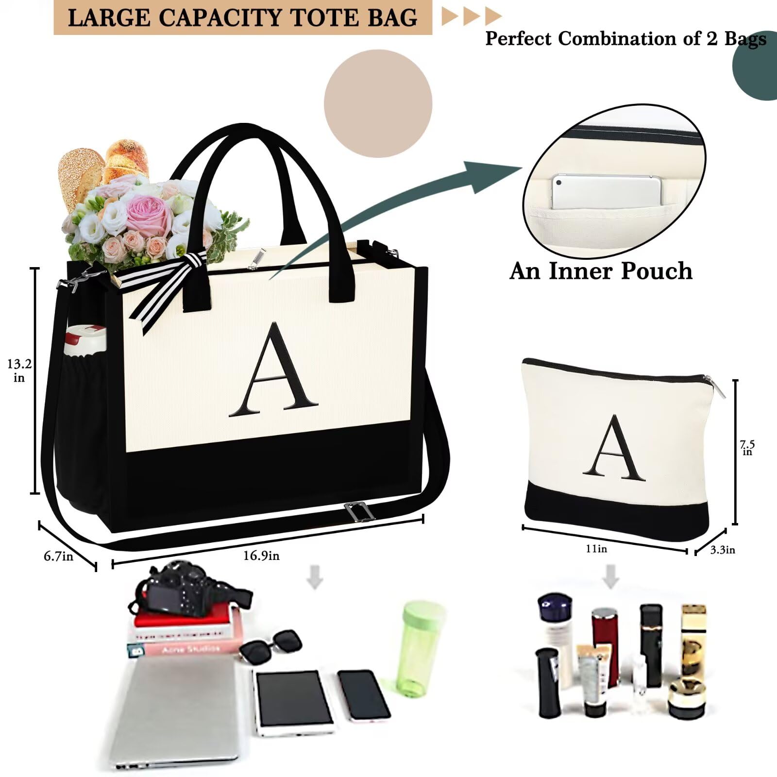 YOOLIFE Personalized Initial Canvas Tote Bag & Makeup Bag Set - Monogrammed Gifts for Women, Wife, Mom, Friend, Teacher - Perfect for Birthday, Mother's Day & Everyday Use - Great for Work, Shopping & Travel Accessories