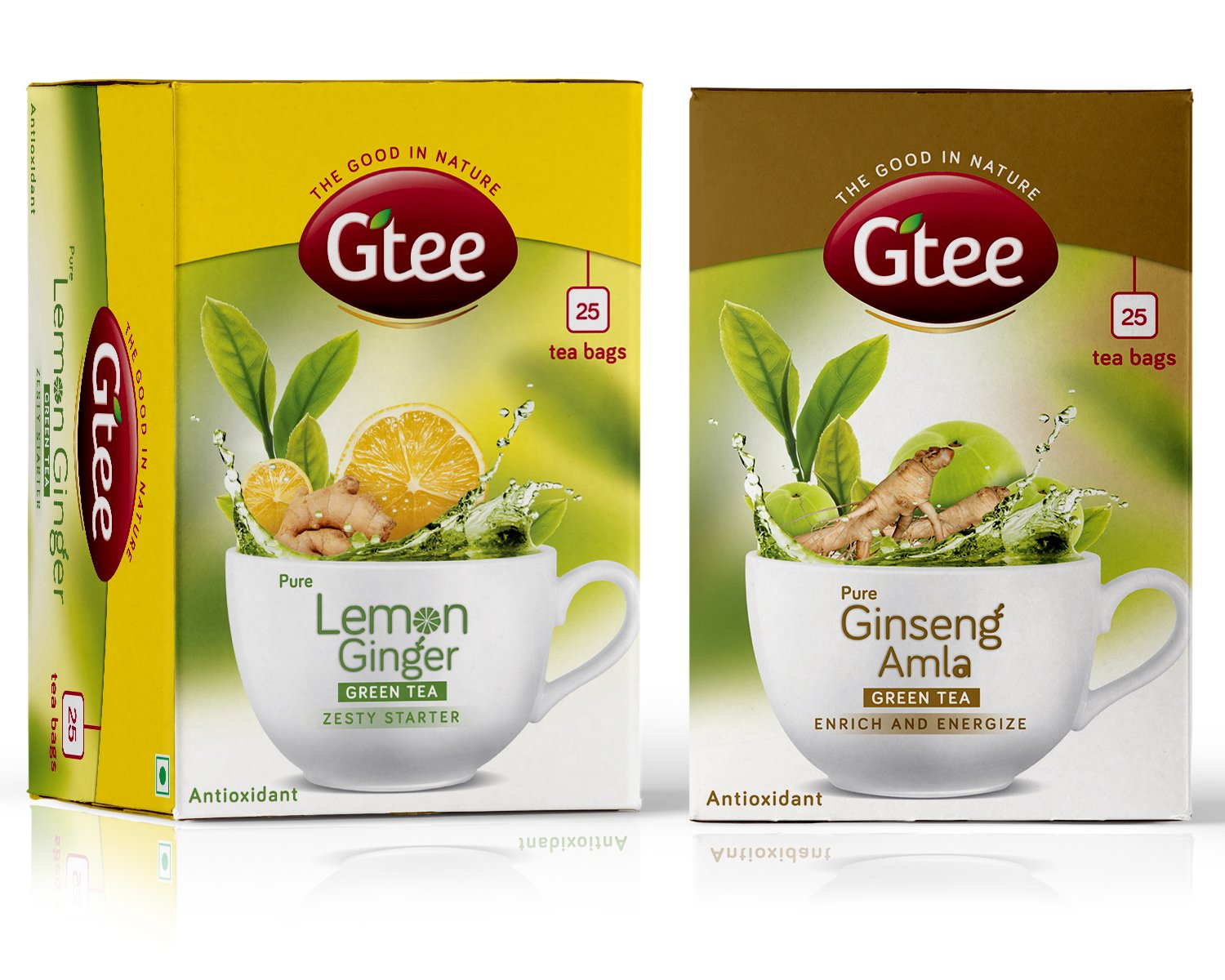 Organic GTEE Green Tea Bags with Lemon, Ginger & Ginseng - 50 Count (2 Packs of 25) - Herbal Detox Tea for Weight Loss, Digestion & Immunity Boost - Perfect for Morning Energy or Evening Relaxation