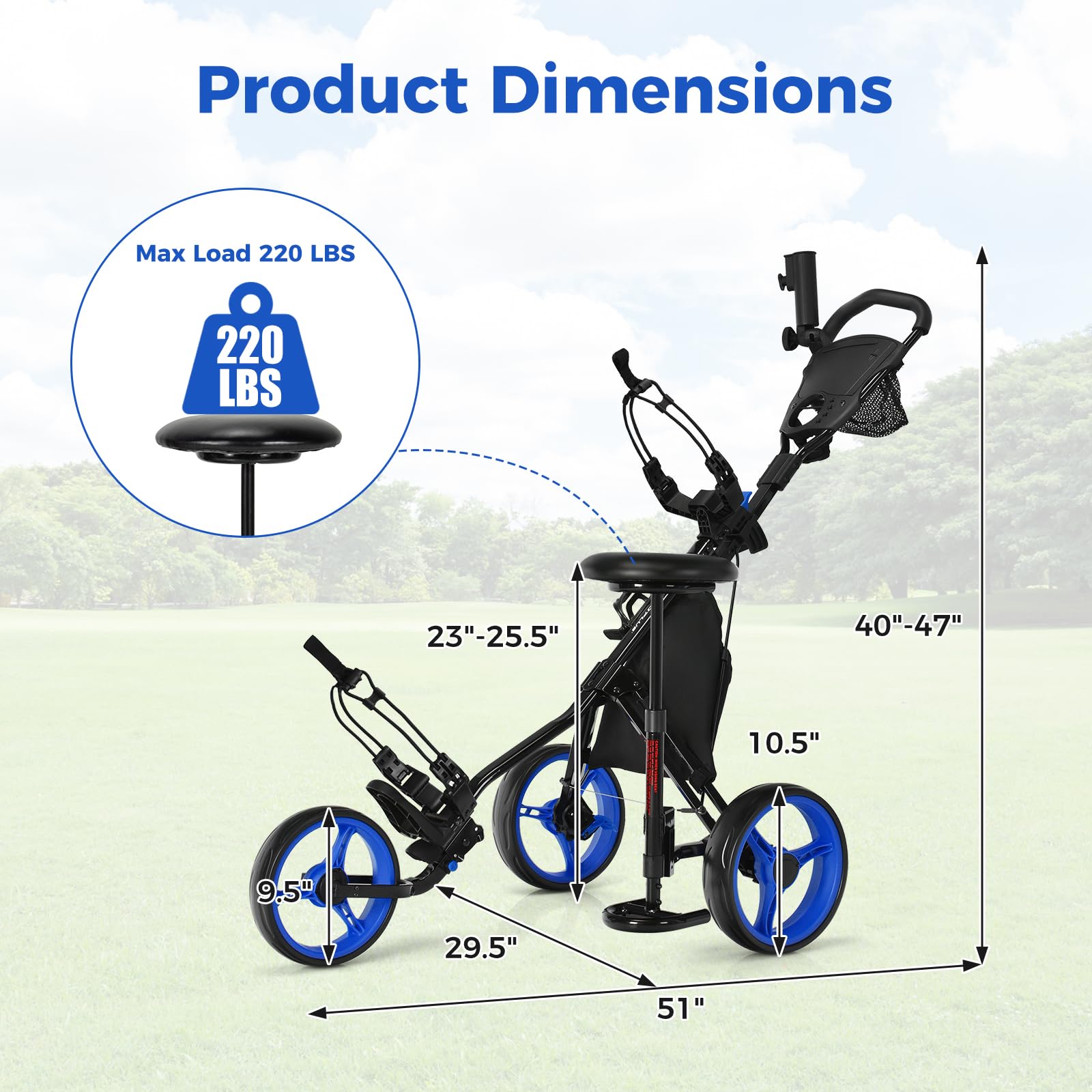 ULTIMATE 3 Wheel Golf Push Pull Cart - Foldable Lightweight Golf Bag Trolley with Adjustable Seat, Handle & Foot Brake | Includes Scorecard Holder, Umbrella Holder, Cup Holder & Storage Bag | Perfect for Golf Courses, Driving Ranges & Outdoor Practice