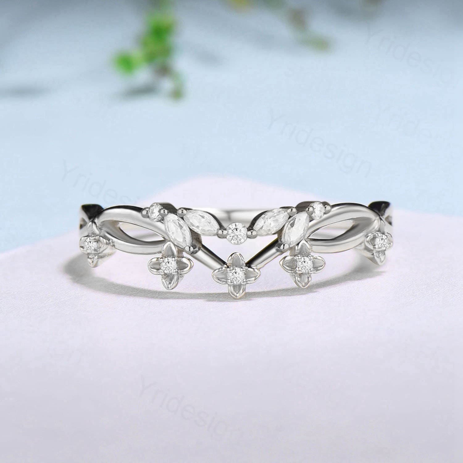 Antique Marquise Moissanite Diamond Wedding Band - Rose Gold Stackable Bridal Ring for Anniversary, Engagement & Stacking - Unique Jewelry Gift for Her