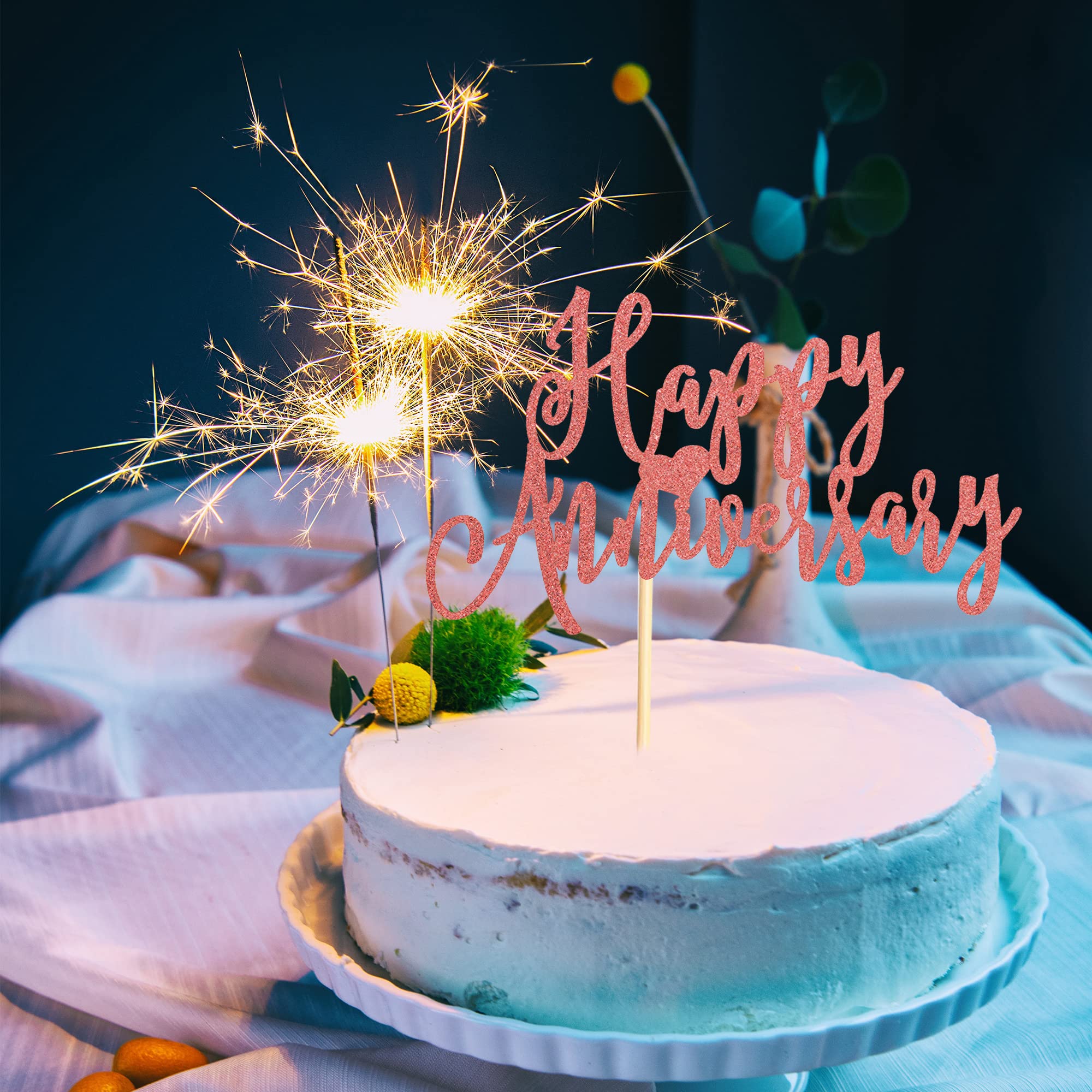 Rose Gold Glitter Happy Anniversary Cake Topper - Wedding Anniversary Party Decorations, Cake Decor Supplies for Couples Celebration - Perfect for Wedding Anniversaries, Romantic Dinners & Special Occasions