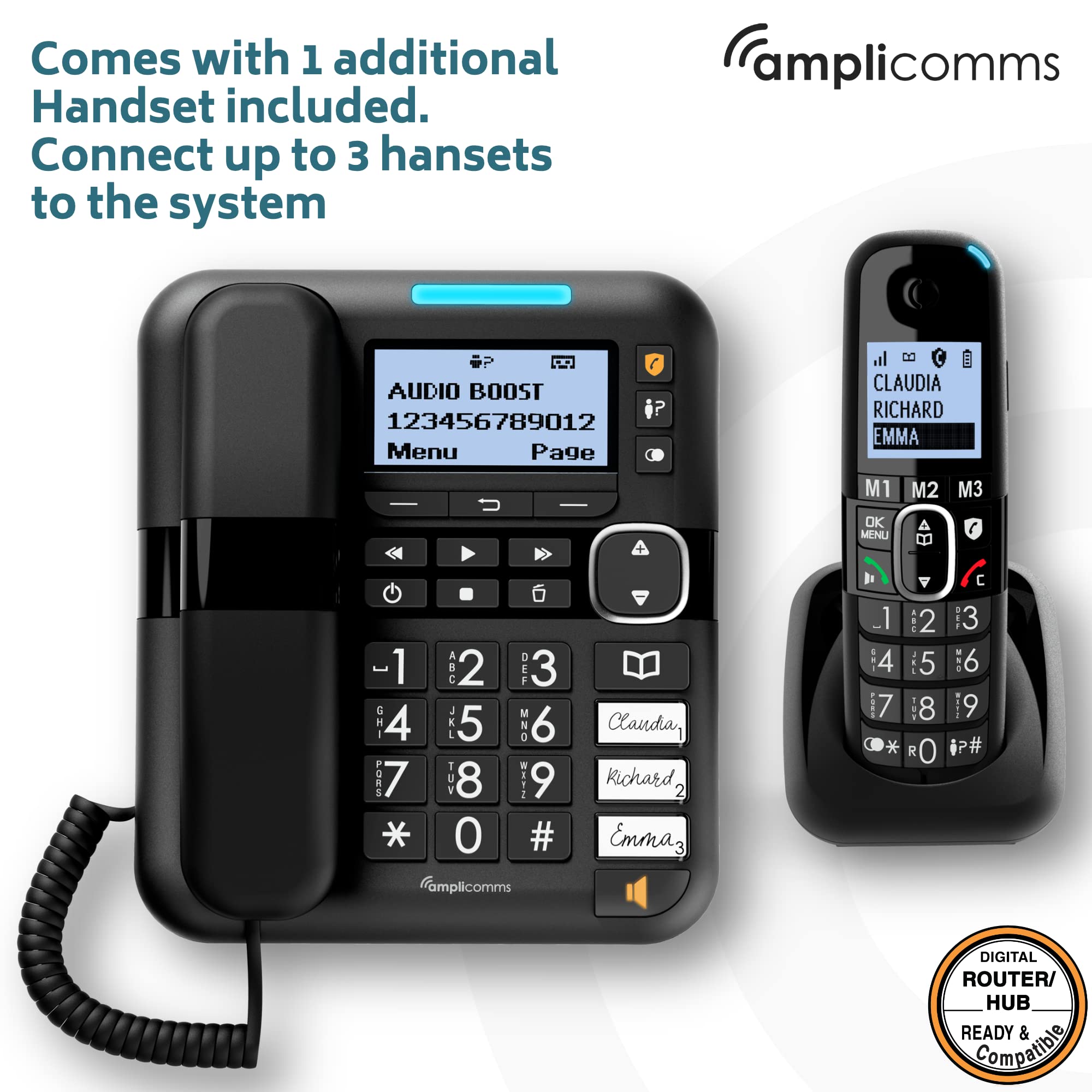 Amplicomms BigTel 1580 Corded Big Button Phone for Seniors - Hearing Aid Compatible Loud Speakerphone with Answering Machine & Extra Handset - Easy-to-Use Telephone for Elderly & Hard of Hearing - Perfect for Home, Office, or Care Facilities