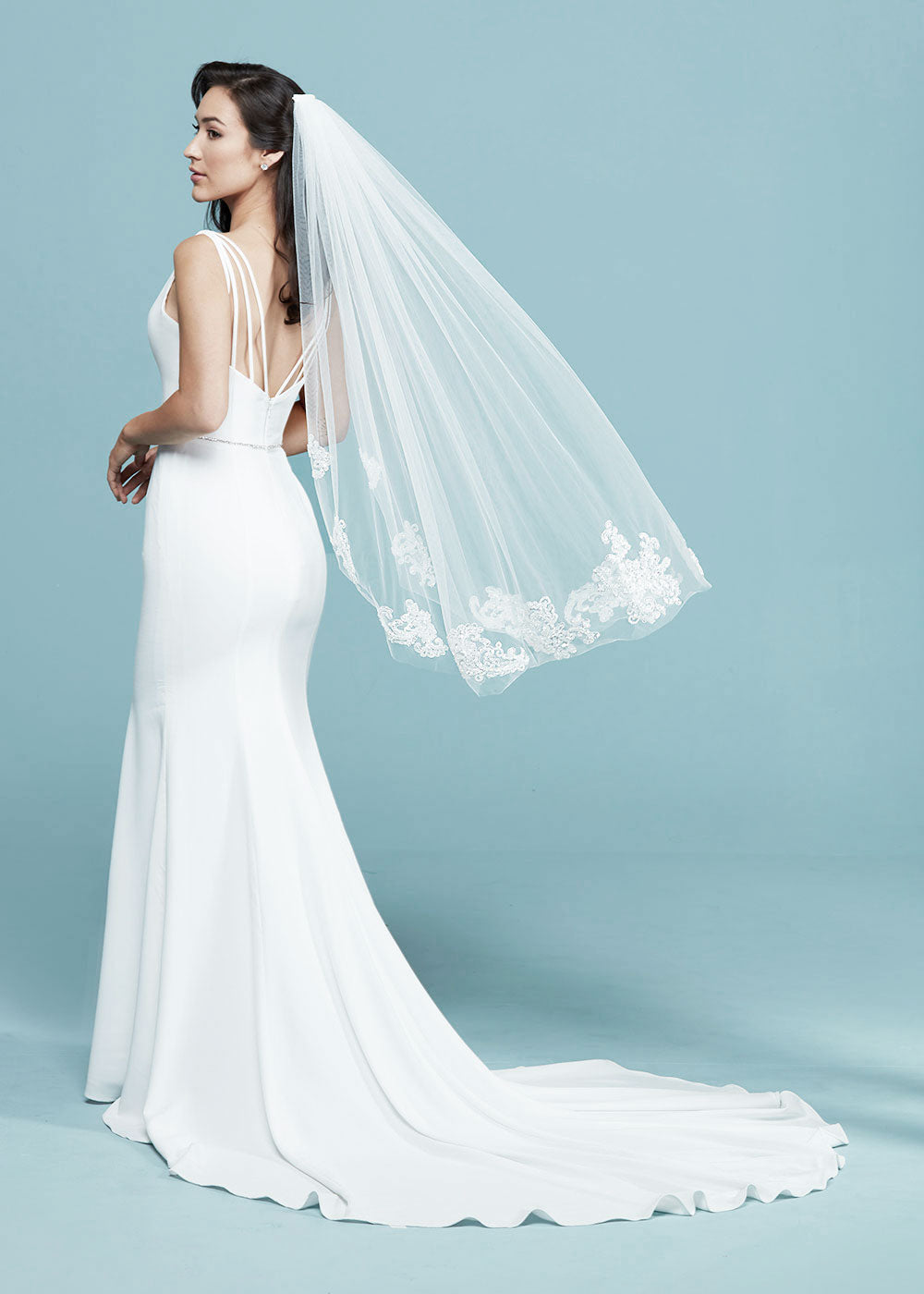 Ruby Veil Fingertip Length Wedding Veil With Beaded Lace Trim | Elegant Bridal Accessory for Church Ceremony & Outdoor Photography