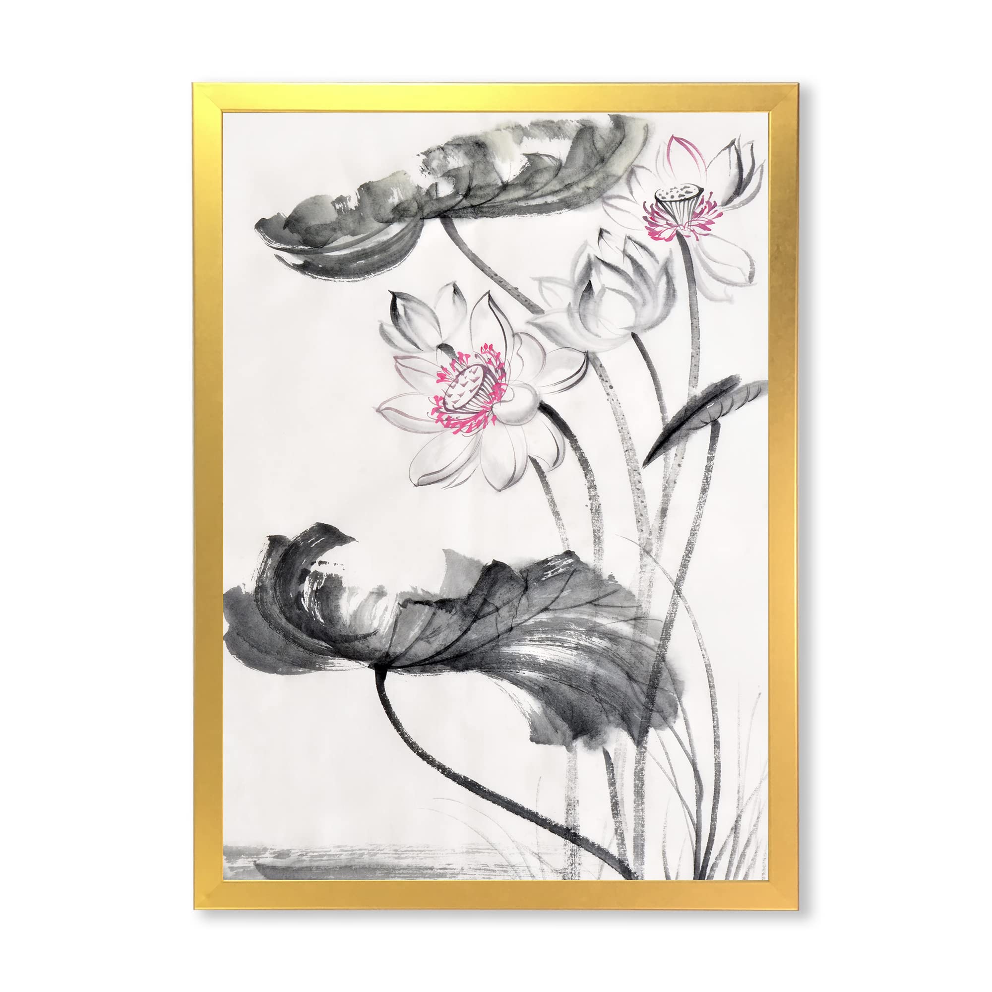 Vintage Lotus Flowers Traditional Framed Wall Art - Hand Painted Asian Home Decor for Living Room, Bedroom & Office - Perfect for Meditation Spaces & Zen Interior Design