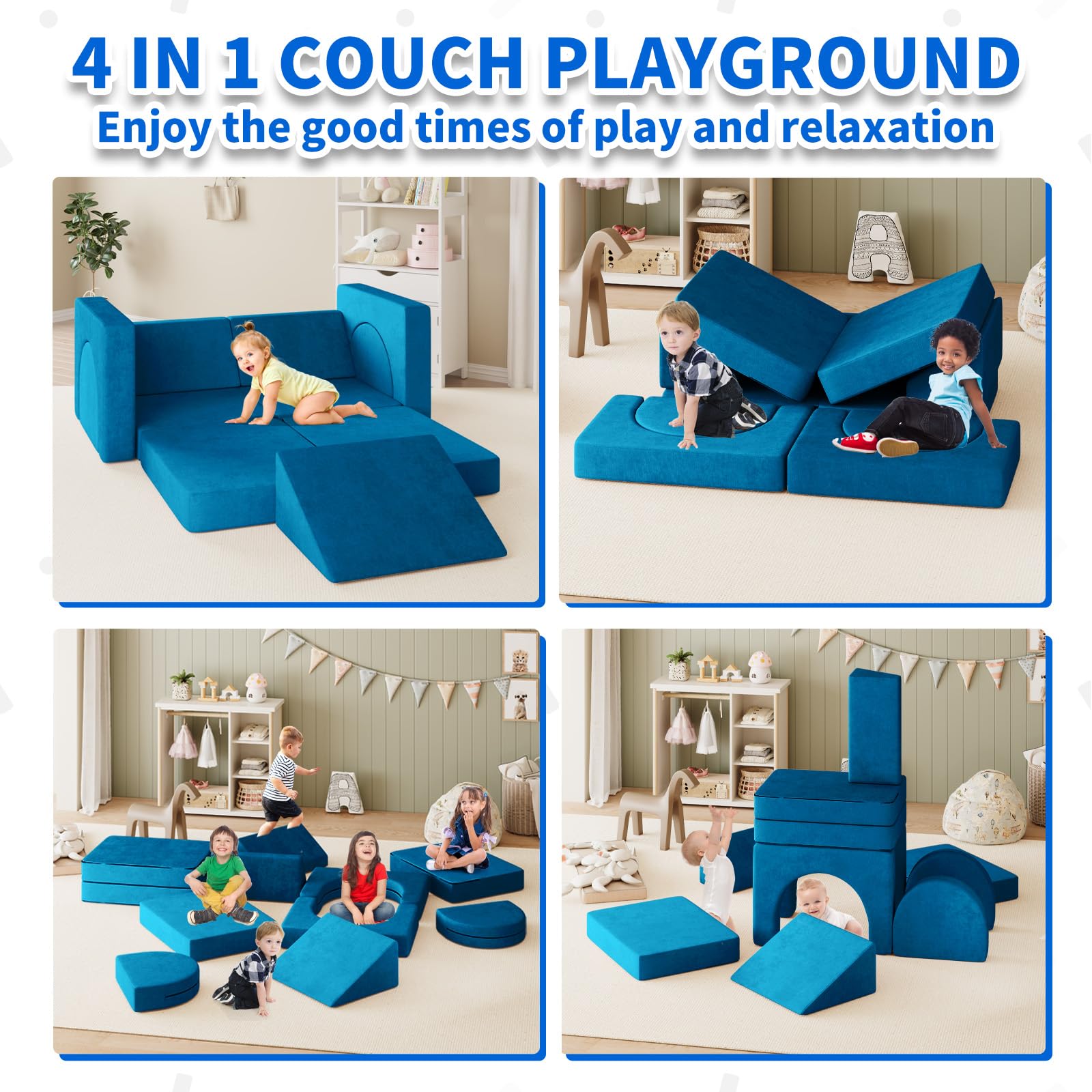 10PCS Modular Kids Play Couch with Climbing Slope - 10-in-1 Toddler Sofa for Playing, Creativity & Sleeping - Indoor Children's Furniture for Boys & Girls (Blue) - Perfect for Playrooms, Bedrooms & Daycare Centers
