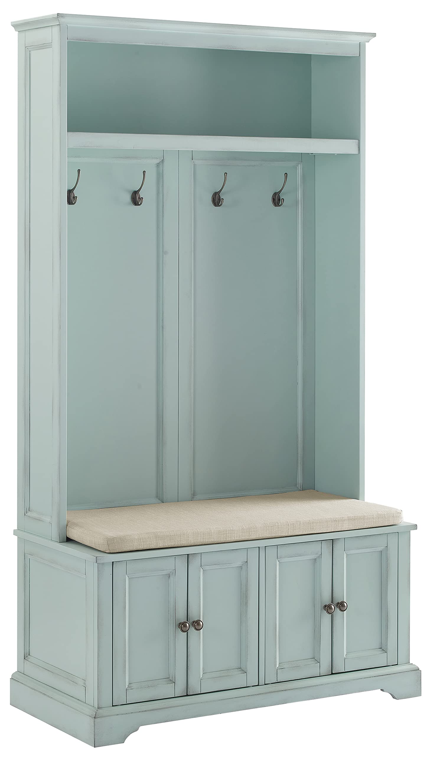 Crosley Holbrook Hall Tree with Shoe Rack, Storage Bench & Coat Hooks | Distressed Seafoam Blue Entryway Organizer | Perfect for Small Spaces, Mudrooms & Farmhouse Decor