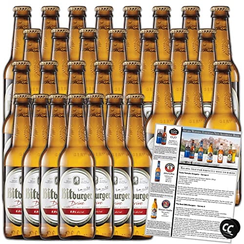 Bitburger Drive Non-Alcoholic Beer 30 Pack - Award-Winning German Alcohol-Free Lager, 11.2oz Bottles with Free Phone/Tablet Holder & Recipe Book - Perfect for Parties, BBQs & Healthy Lifestyle
