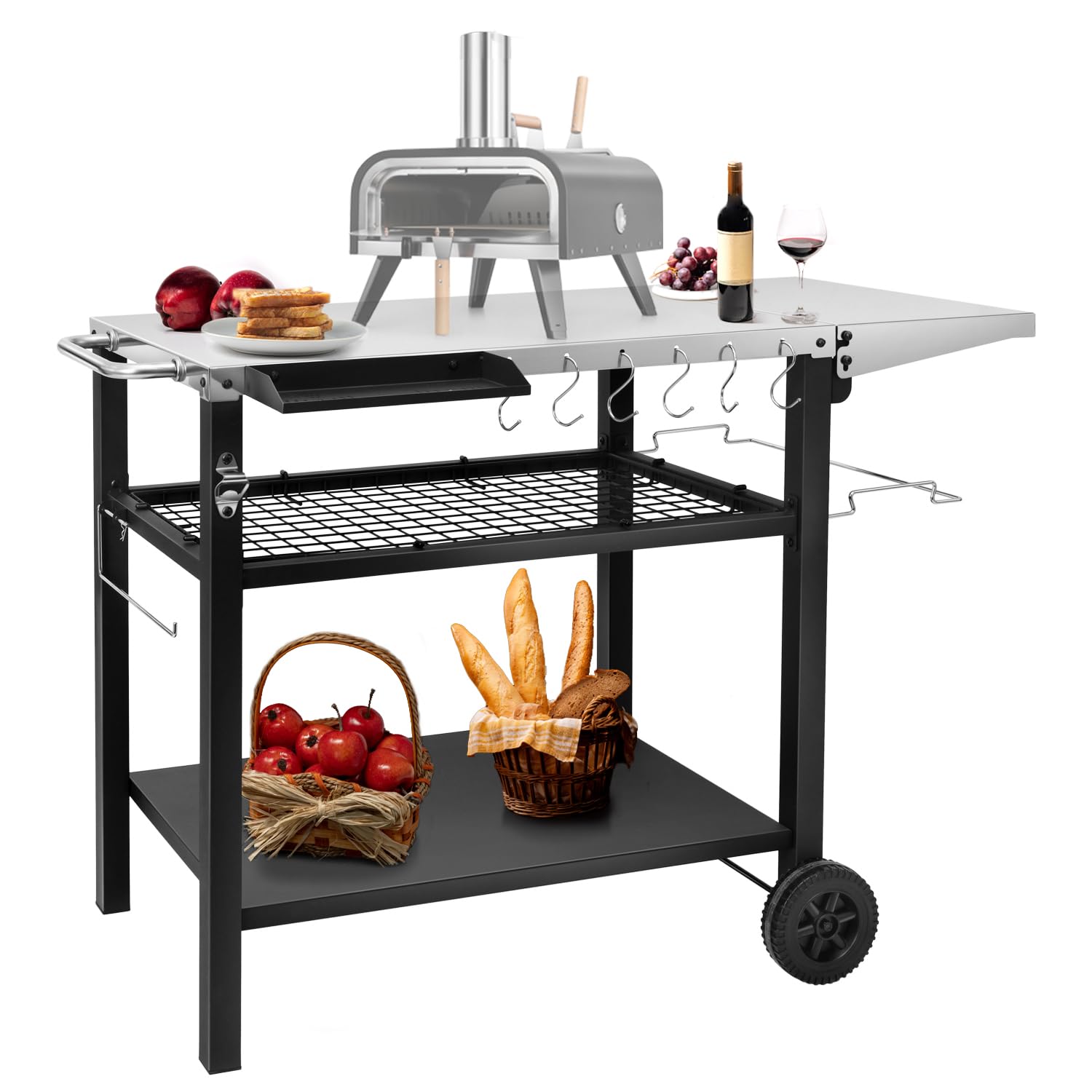 EDOSTORY Stainless Steel Outdoor Grill Cart with Pizza Oven Stand - 3-Tier Food Prep Table, BBQ Kitchen Island & Bar Cart with Wheels | Perfect for Patio Cooking, Backyard Parties & Outdoor Entertaining