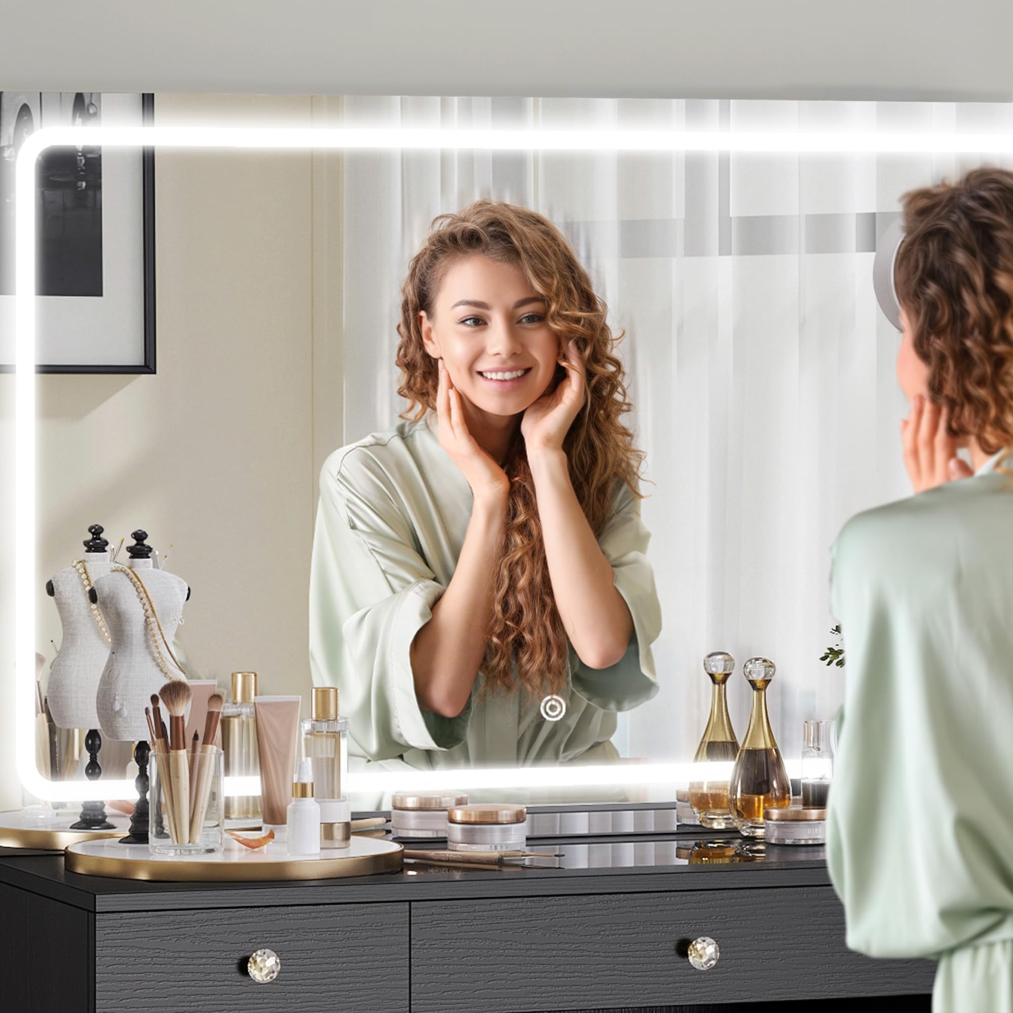 DWVO Vanity Desk with LED Lighted Mirror, Power Outlet & Magnifying Glass - 8 Drawer Makeup Dressing Table with 3 Color Modes (Black) for Bedroom, Dressing Room & Home Salon | Perfect for Makeup Application, Skincare Routine & Hair Styling